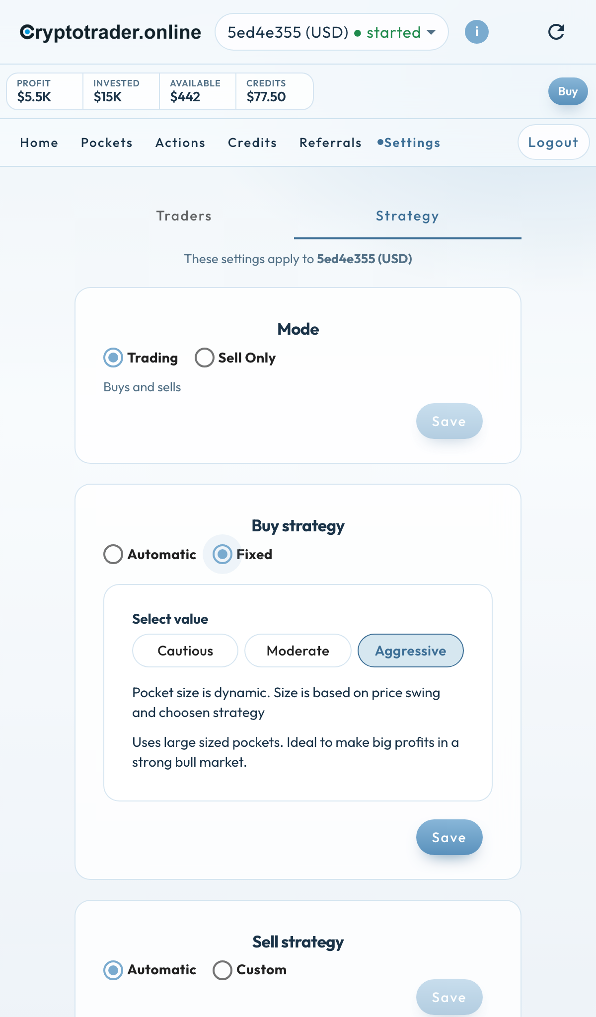 Settings → Strategy: Buy strategy Fixed Aggressive, Sell strategy Automatic, USD trader