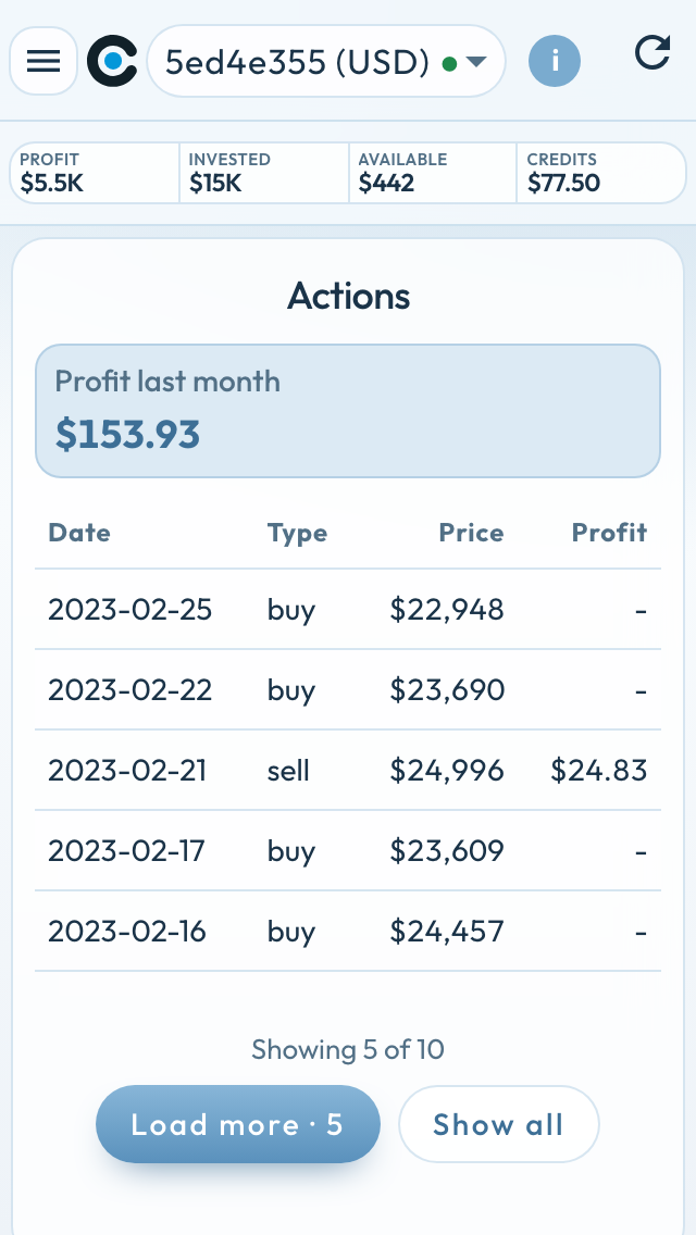 Full actions page on a small phone