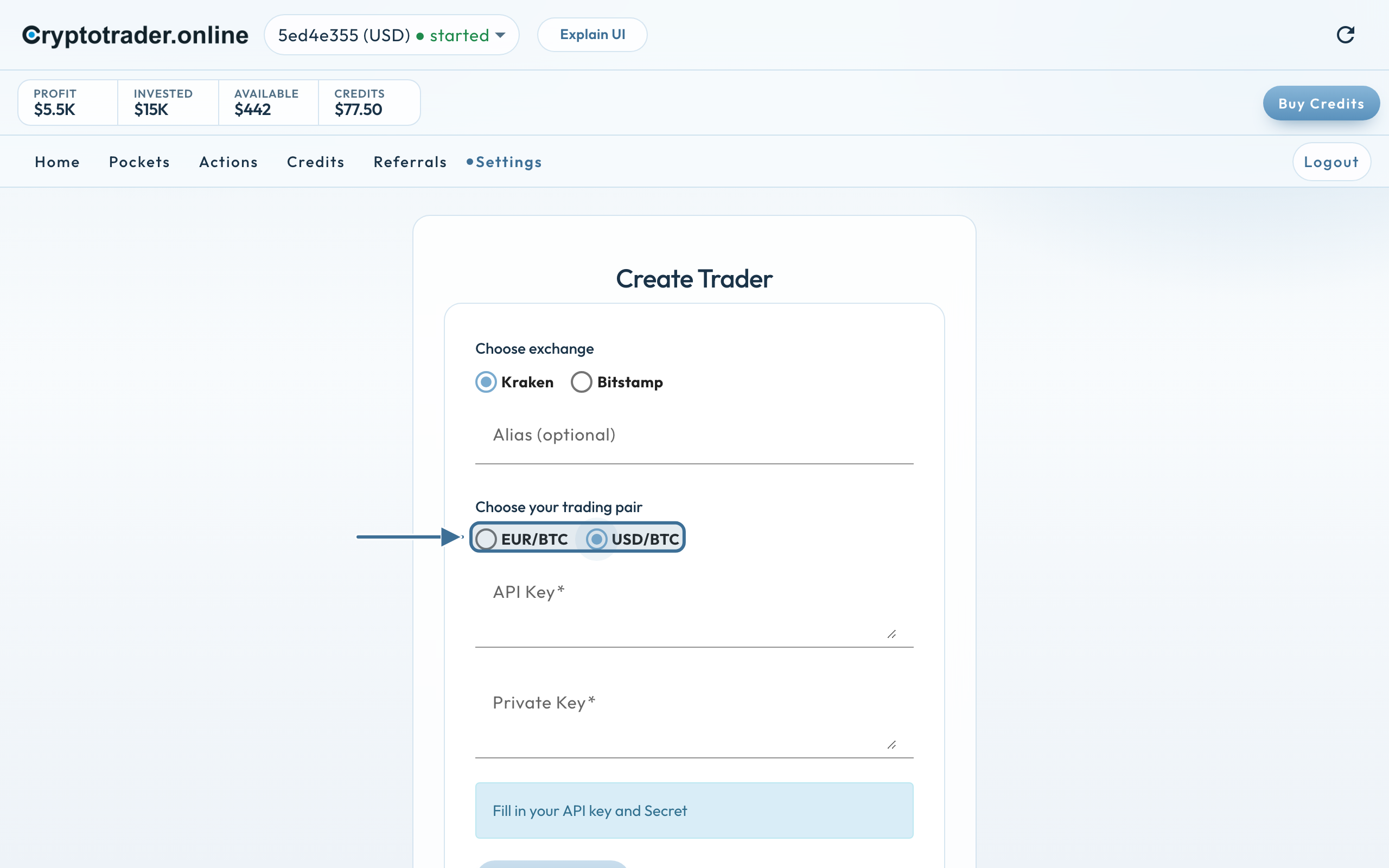 New trader form with USD/BTC selected