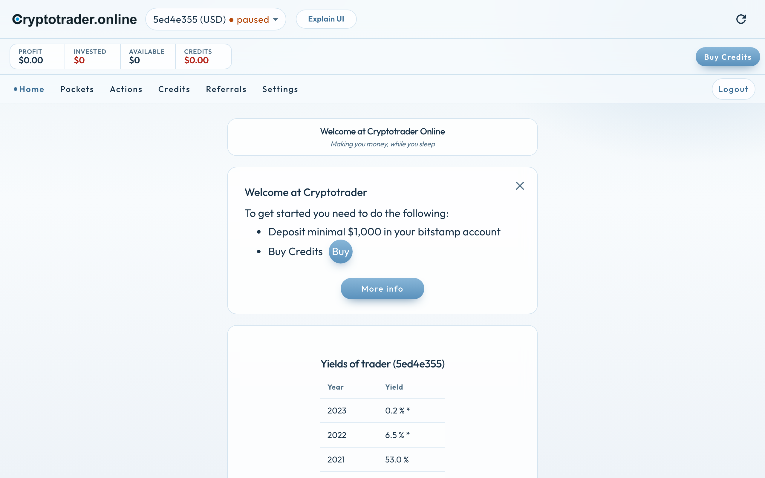 Help screen Welcome at Cryptotrader: deposit at least $1,000 on Bitstamp and buy credits, USD trader 5ed4e355