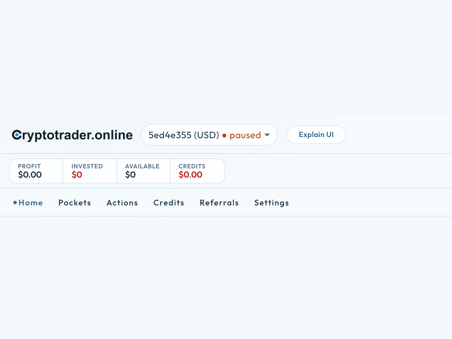 Home: trader paused, credits $0.00