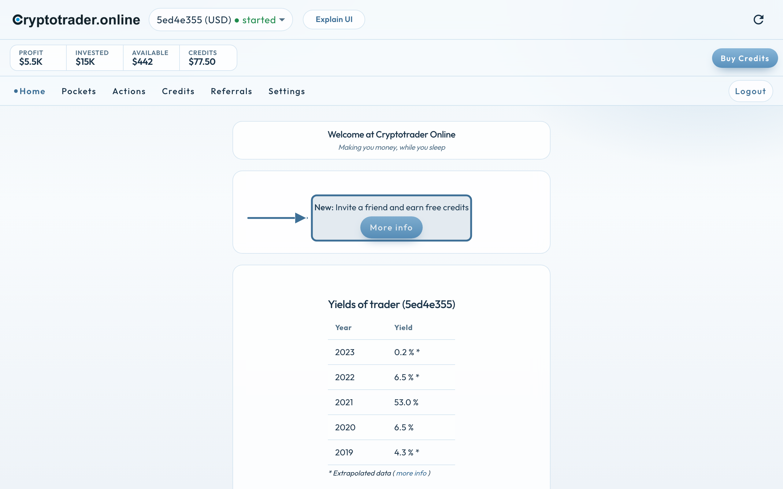Home: Invite a friend and earn free credits, More info button, trader 5ed4e355 (USD)
