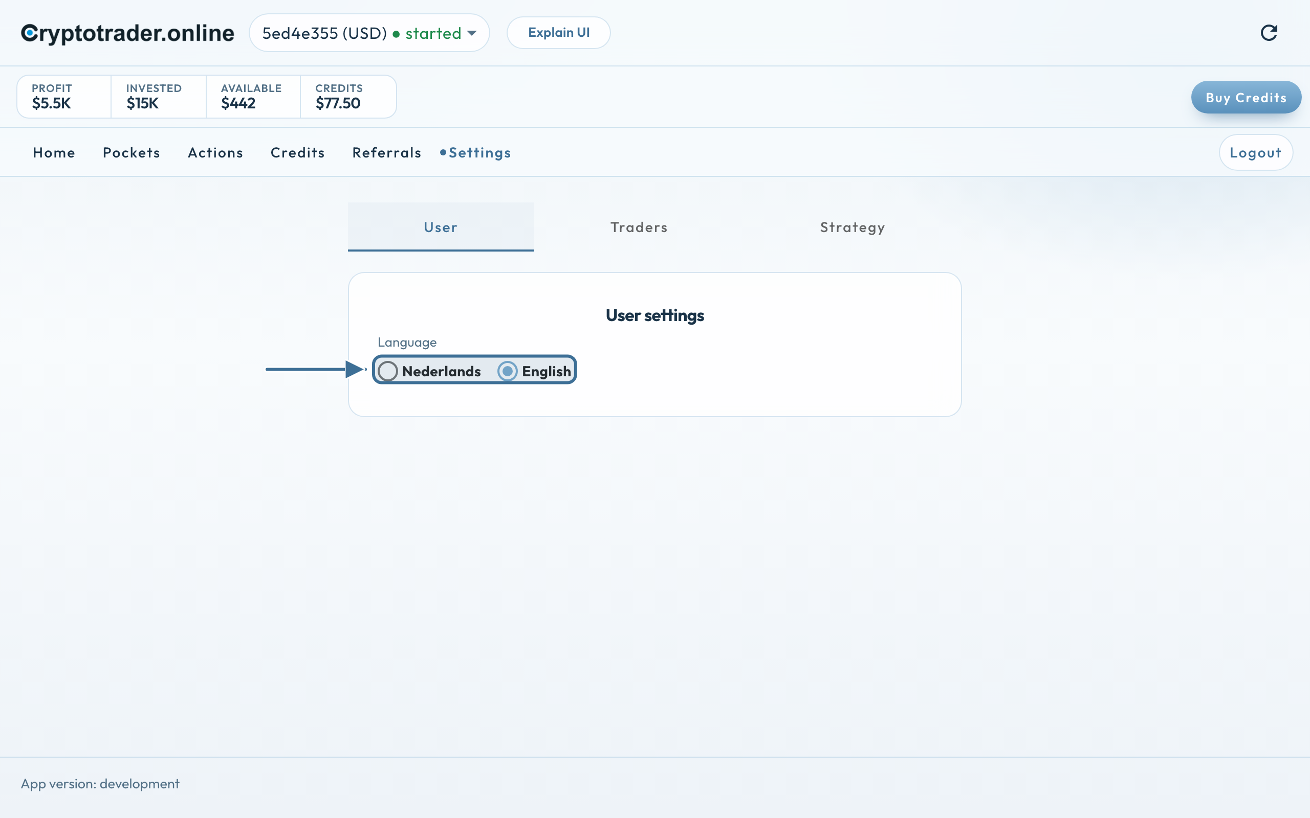 Settings User: language Nederlands or English