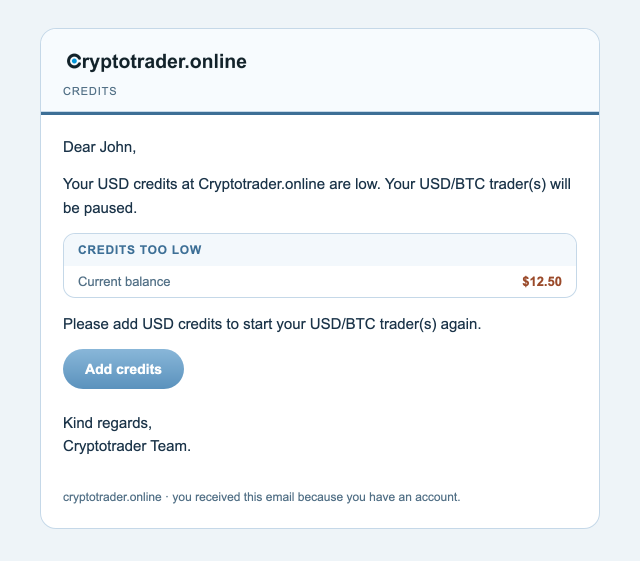Credits too low email with Add credits button