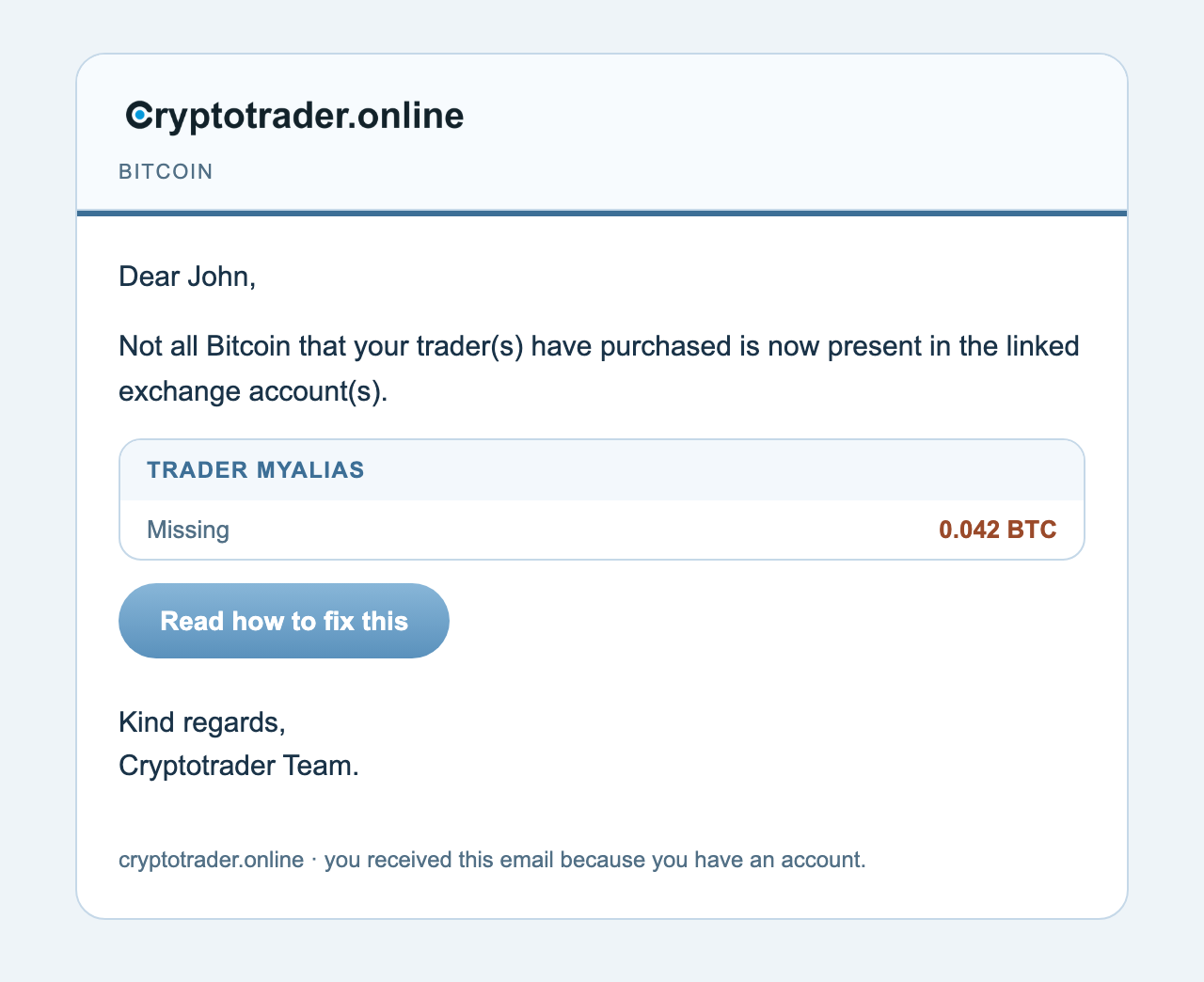 Missing bitcoin email per trader