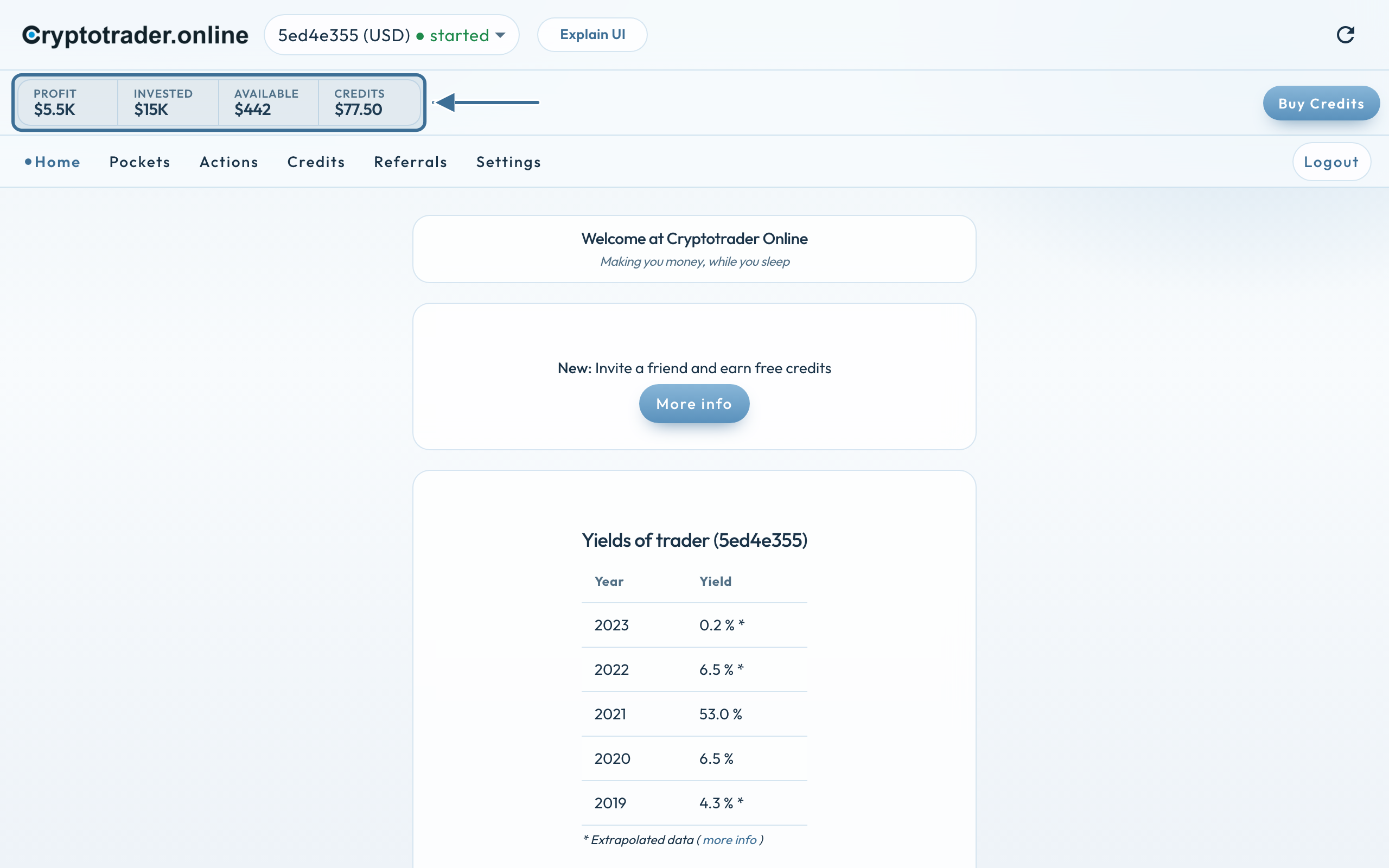 Home with the new top bar: Profit, Invested, Available and Credits, Buy Credits on the right