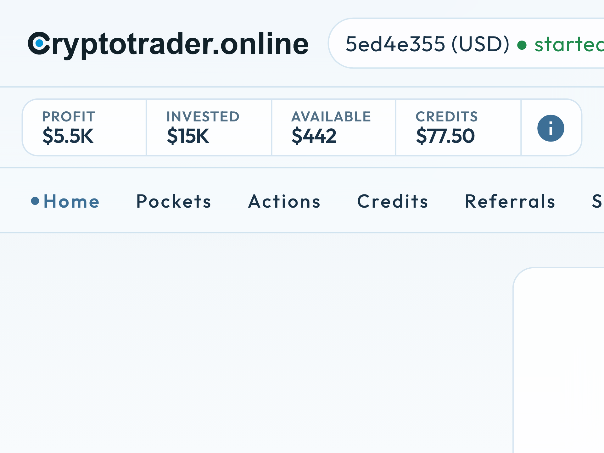 New top bar with Profit, Invested, Available and Credits