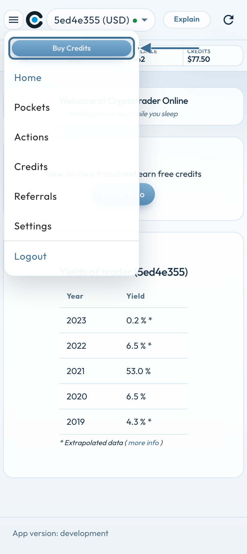 Phone menu with Buy Credits at the top and Logout at the bottom