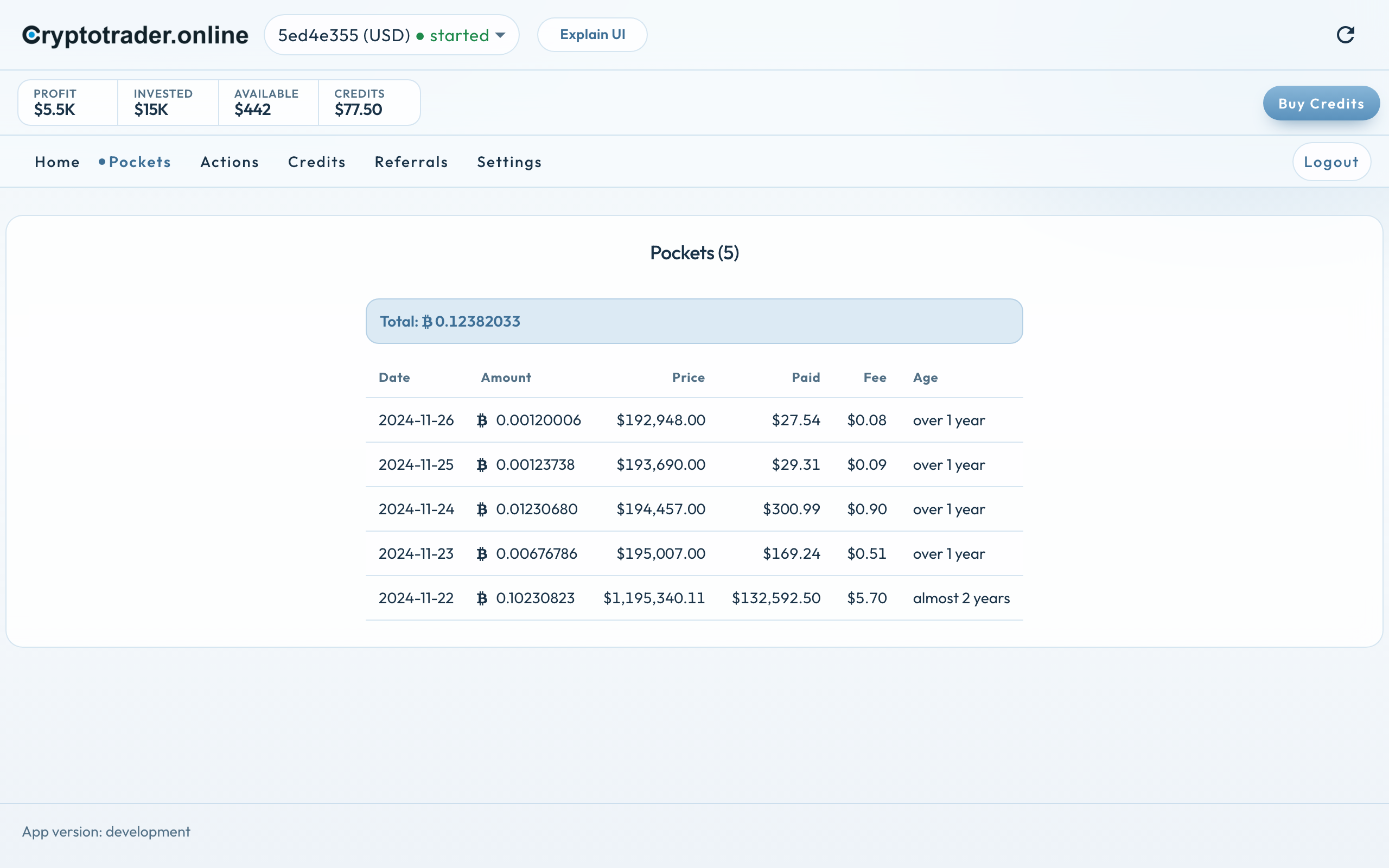 Pockets overview with five open pockets and Total: ₿ 0.12382033