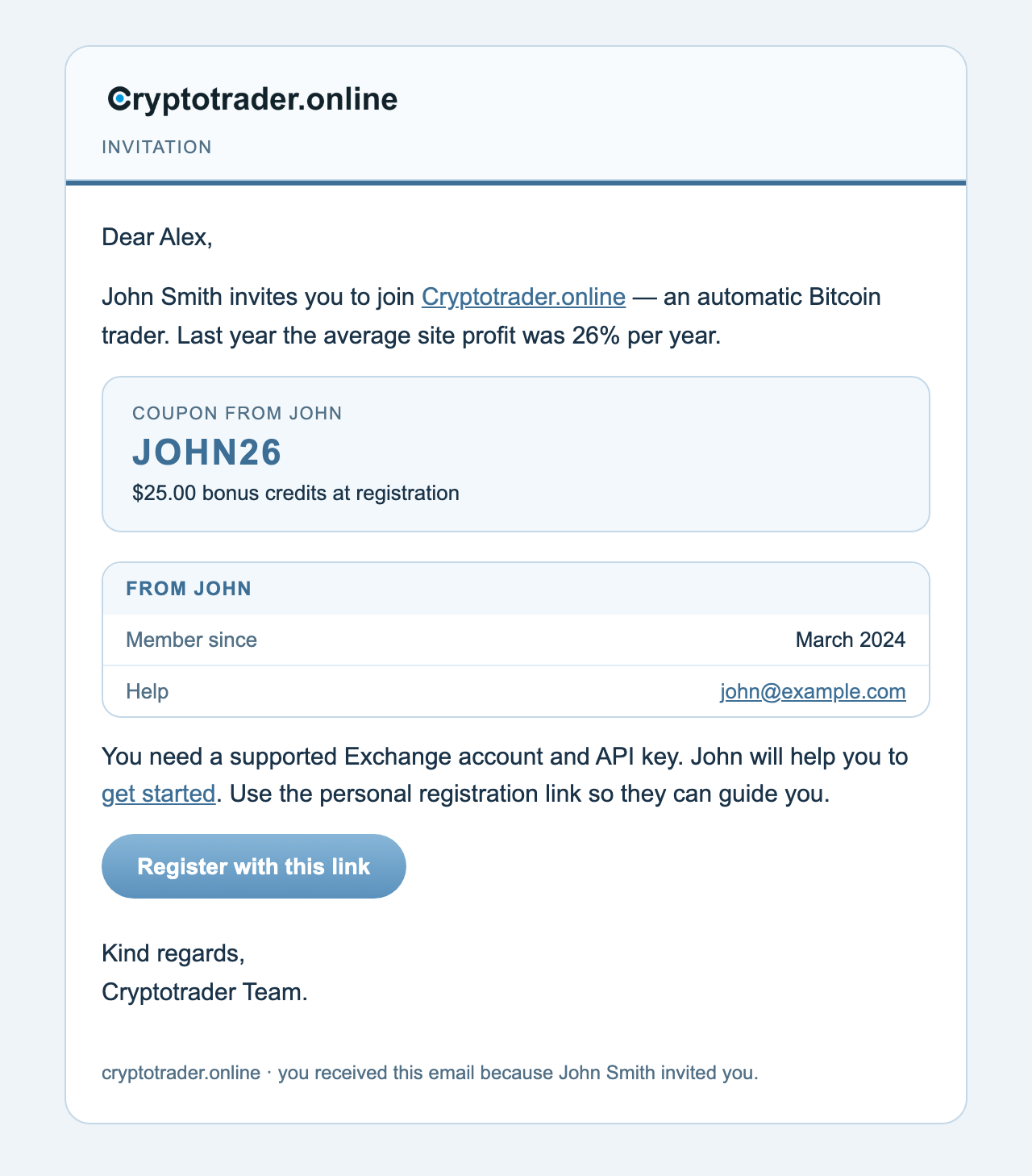 Invitation email with coupon JOHN26