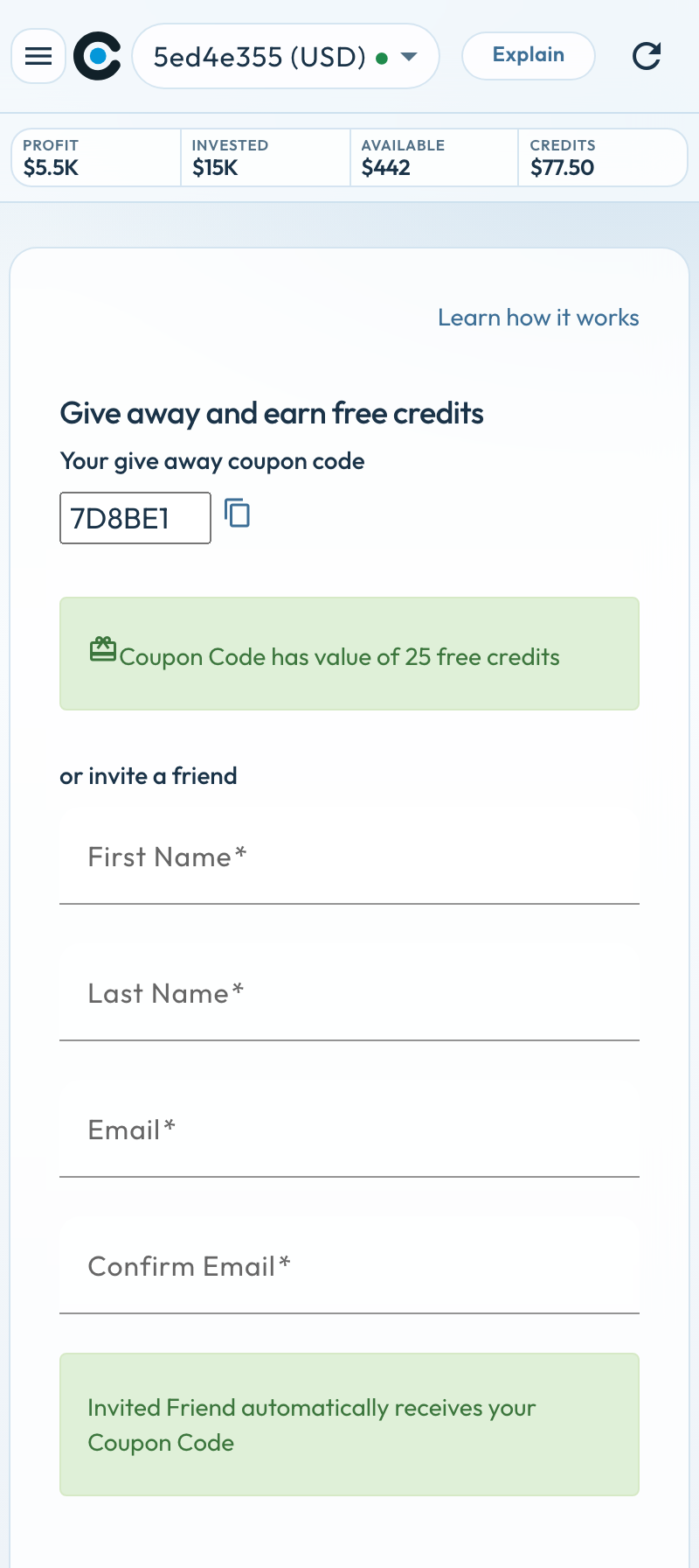 Referral Users on a phone: coupon code and invite form, trader 5ed4e355 (USD)