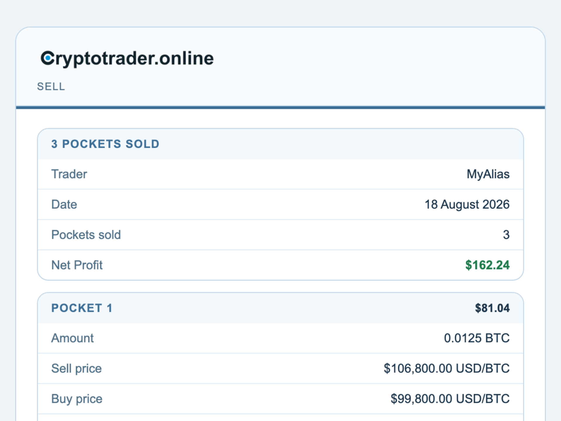 Sale email with net profit and pockets