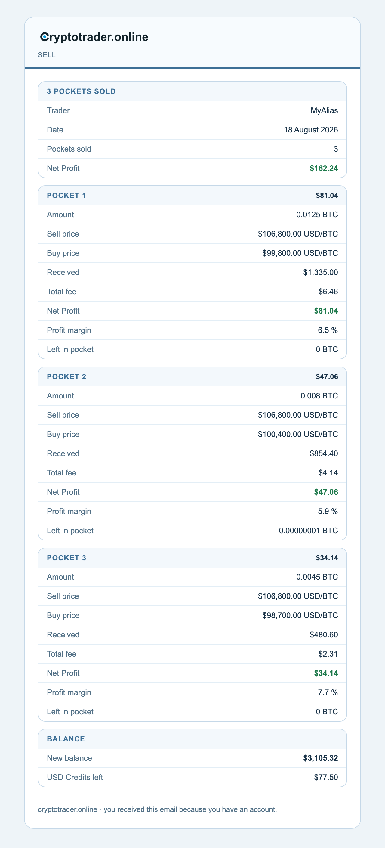 Sale email with 3 pockets, net profit and balance