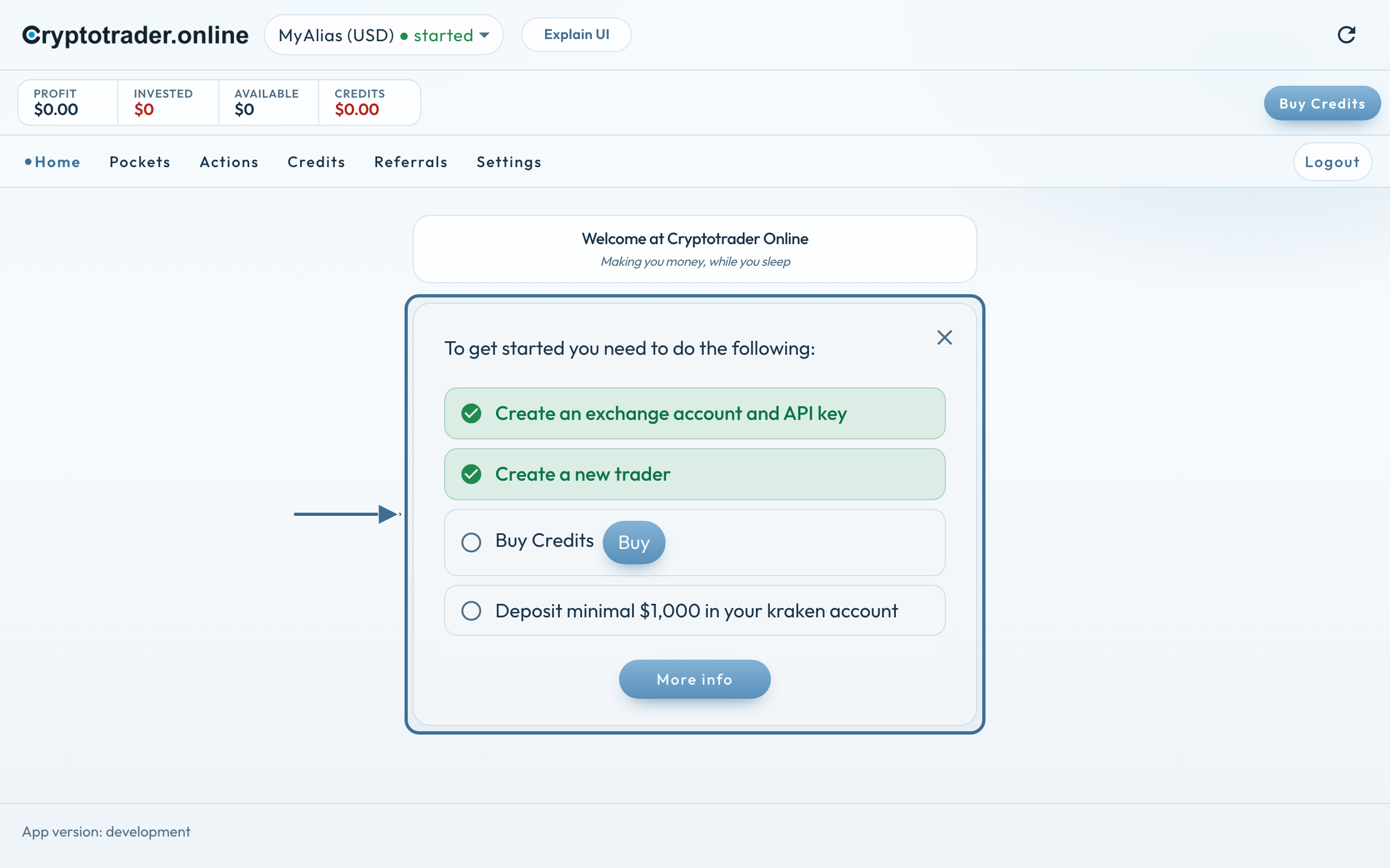 Setup guide on Home: first two steps green, credits and deposit still open