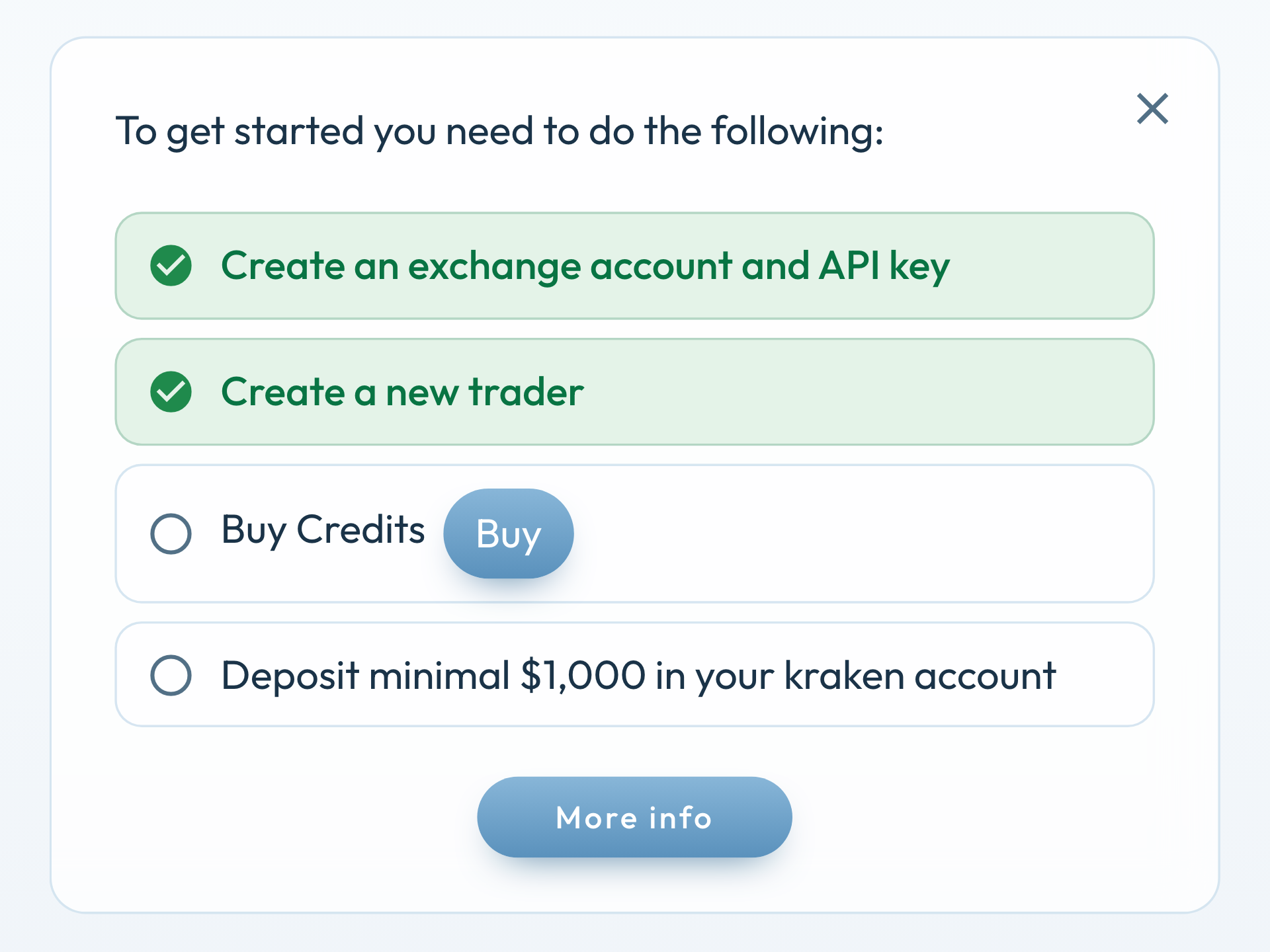 Setup guide on Home: first two steps green, credits and deposit still open