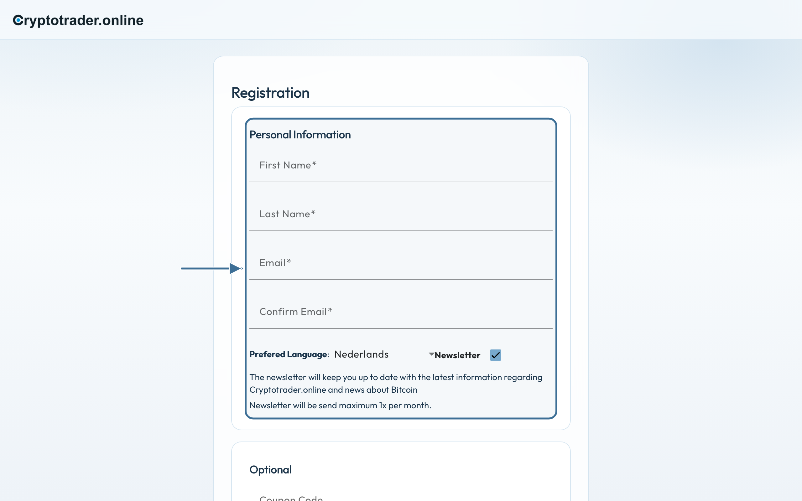Registration form with personal details only