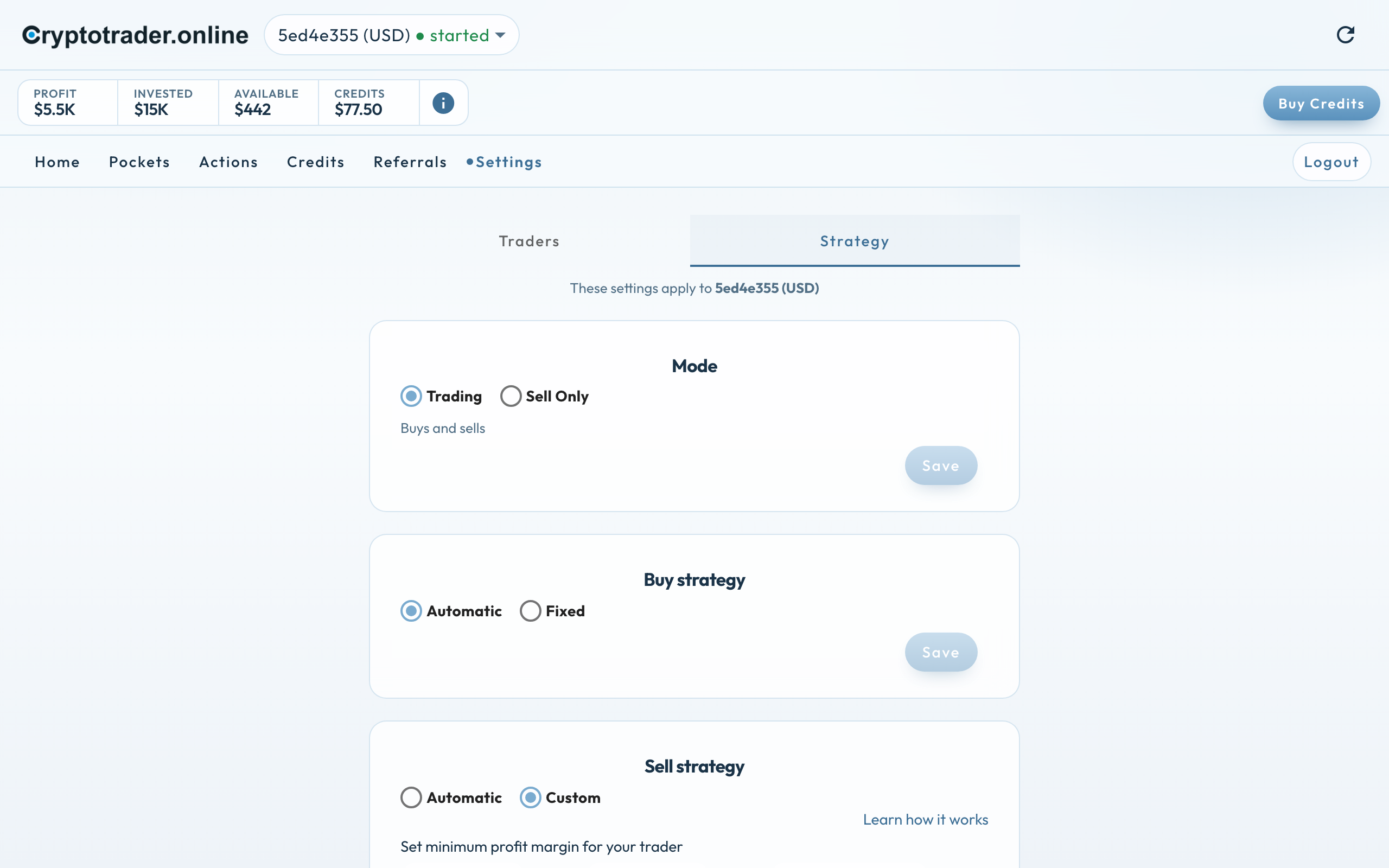 Settings, Strategy: Buy strategy Automatic or Fixed, Sell strategy Automatic or Custom