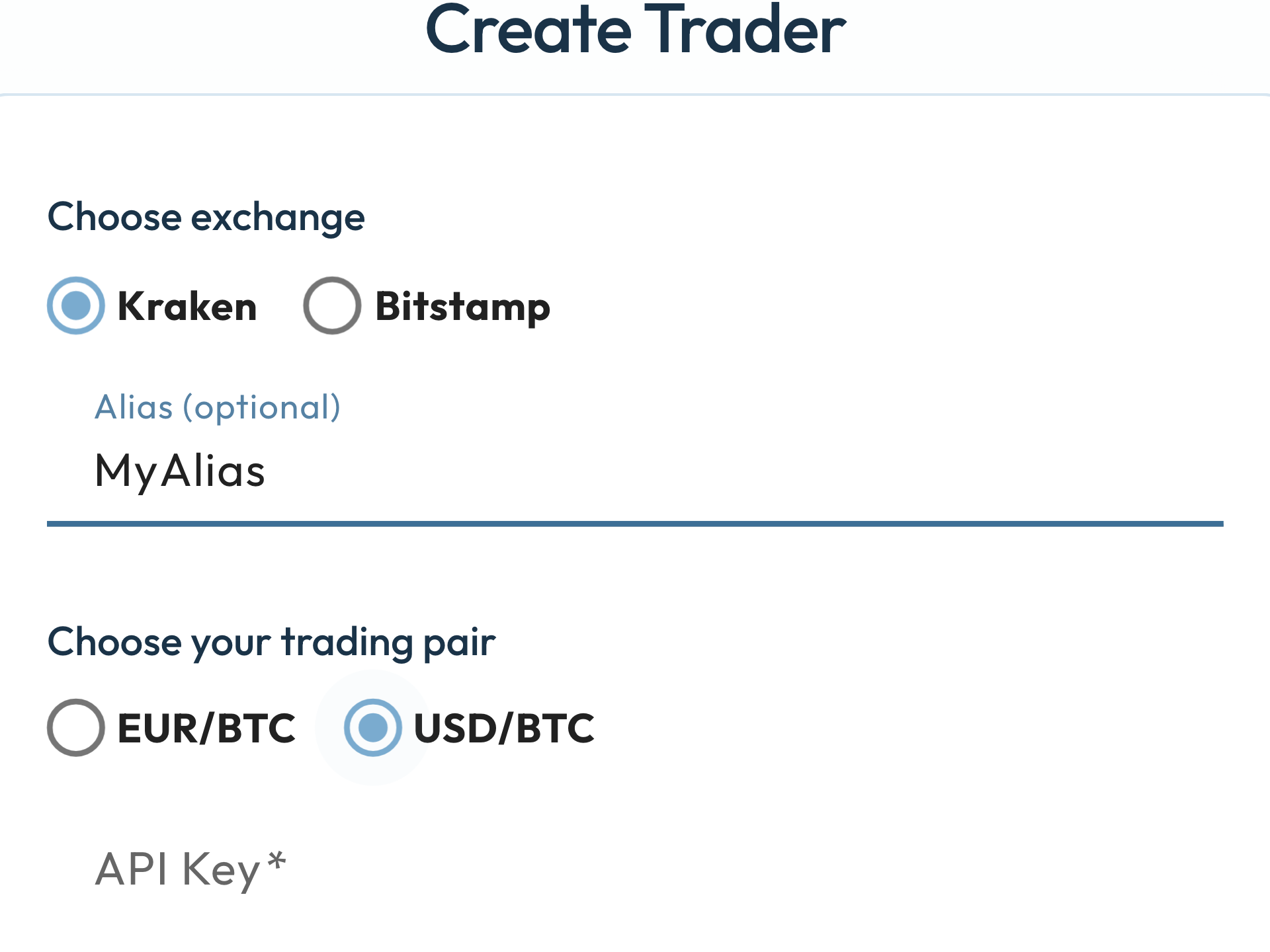 Create Trader with Alias (optional) filled in