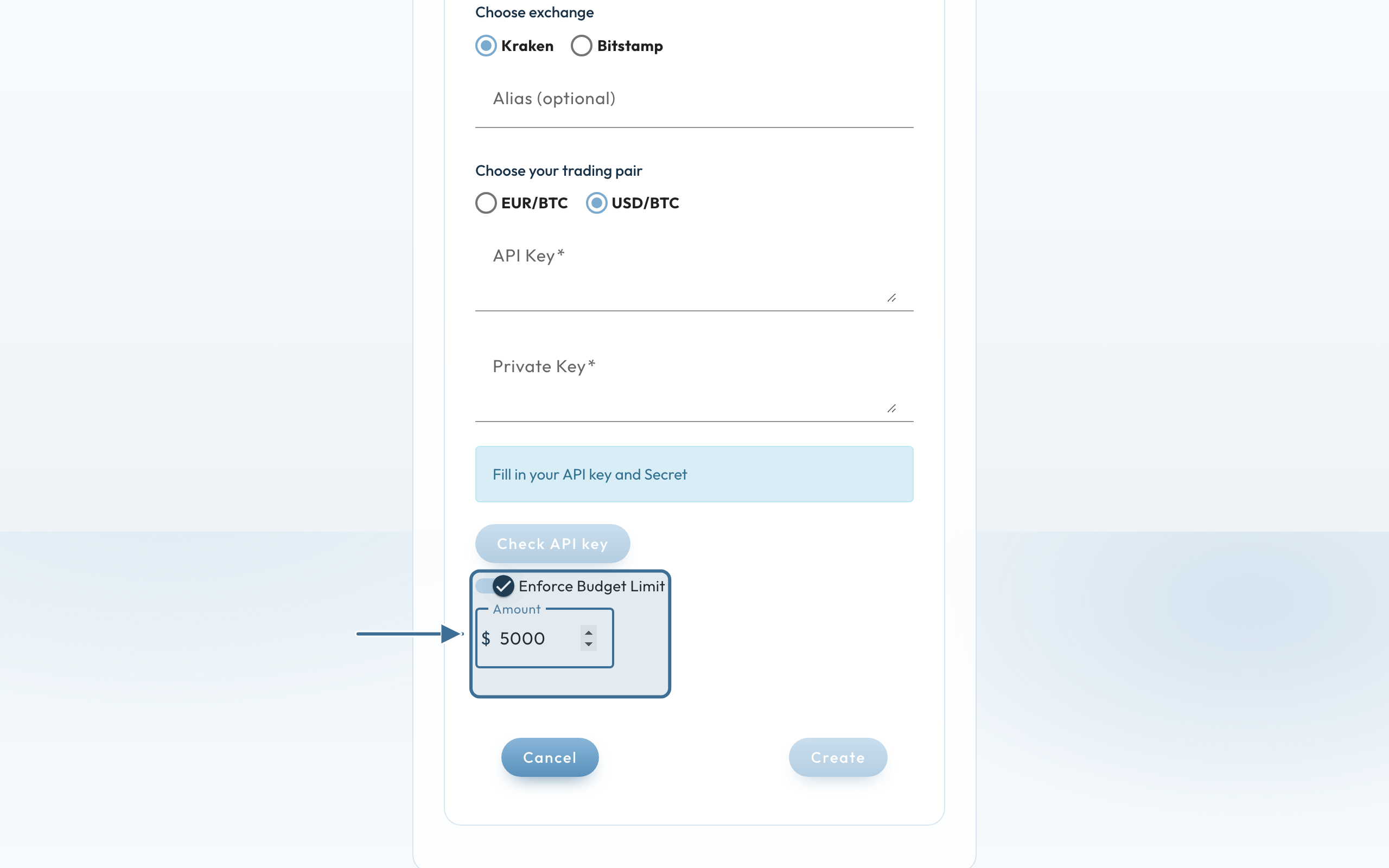 Create Trader: Enforce Budget Limit on, amount of $ 5000 filled in