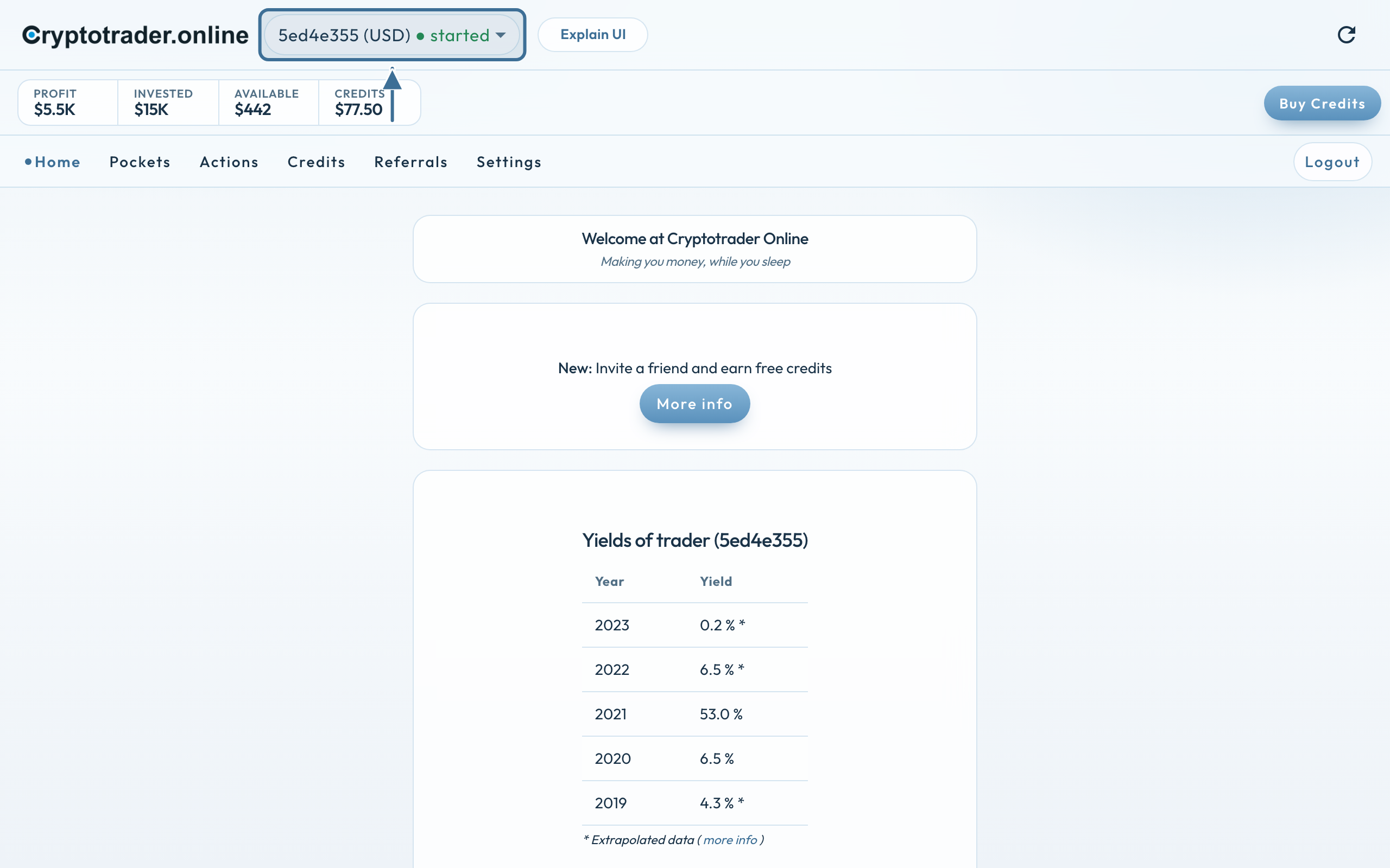 Trader selector without alias: 5ed4e355 (USD) started, and Yields of trader (5ed4e355)
