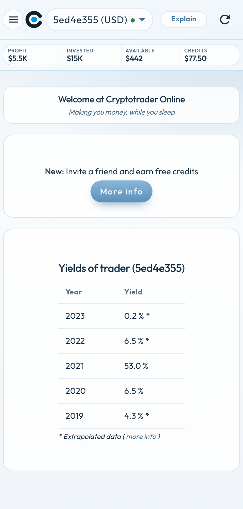 Home screen of the Cryptotrader app on the phone: hamburger menu, 5ed4e355 (USD), stats bar, referral card and yields.