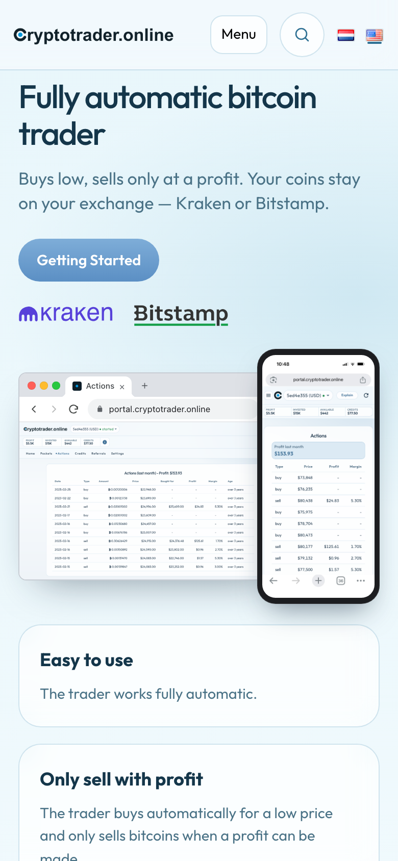 Homepage on a phone: title, Getting Started, Kraken and Bitstamp, then laptop and iPhone