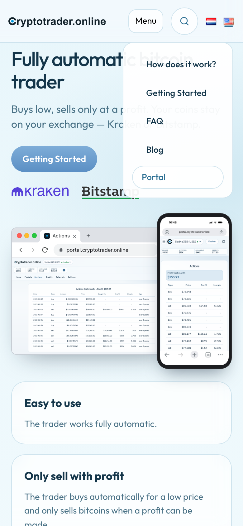 Phone menu open: How does it work, Getting Started, FAQ, Blog, Portal