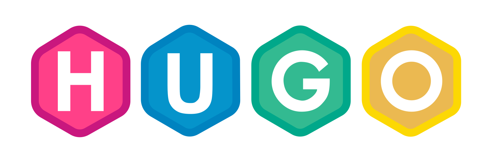 Logo van Hugo: vier gekleurde zeshoeken met de letters H, U, G en O