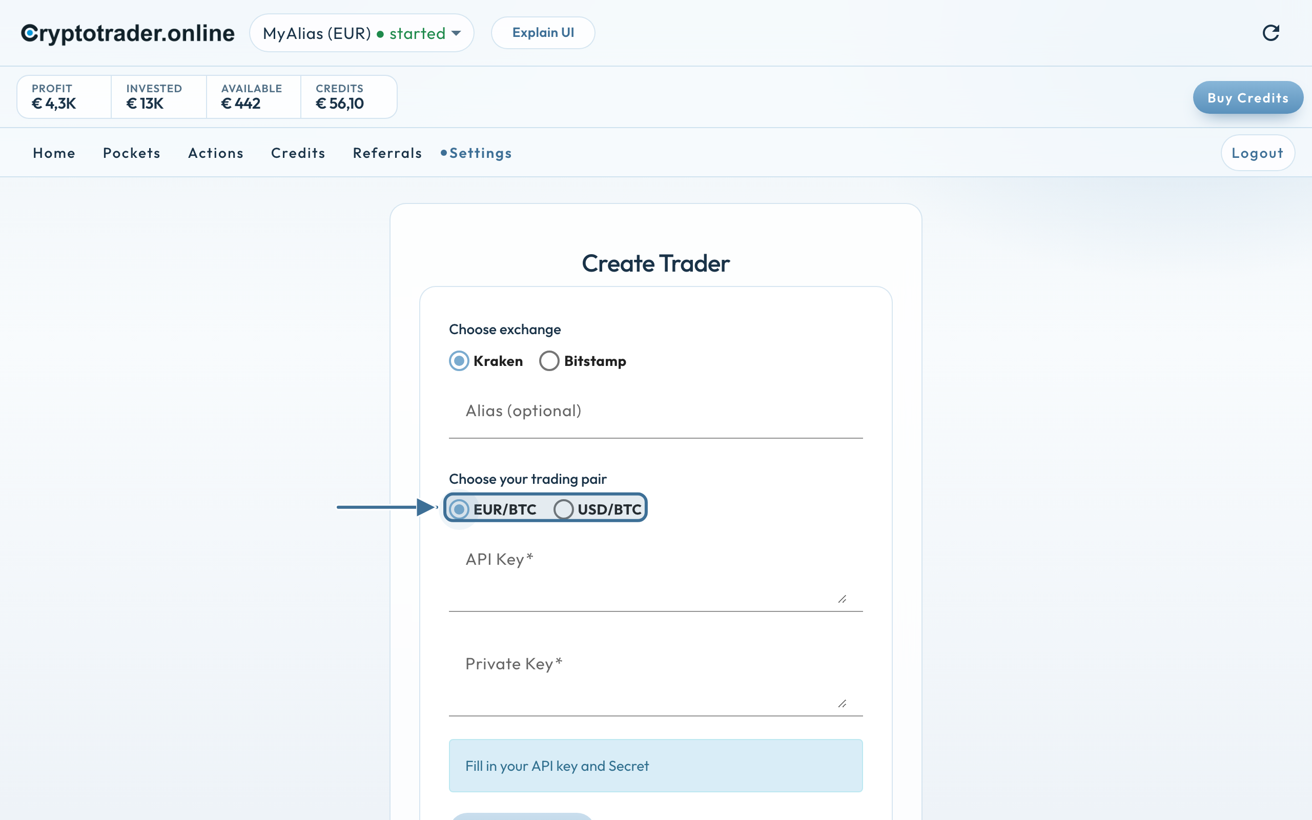 Nieuw traderformulier met EUR/BTC geselecteerd