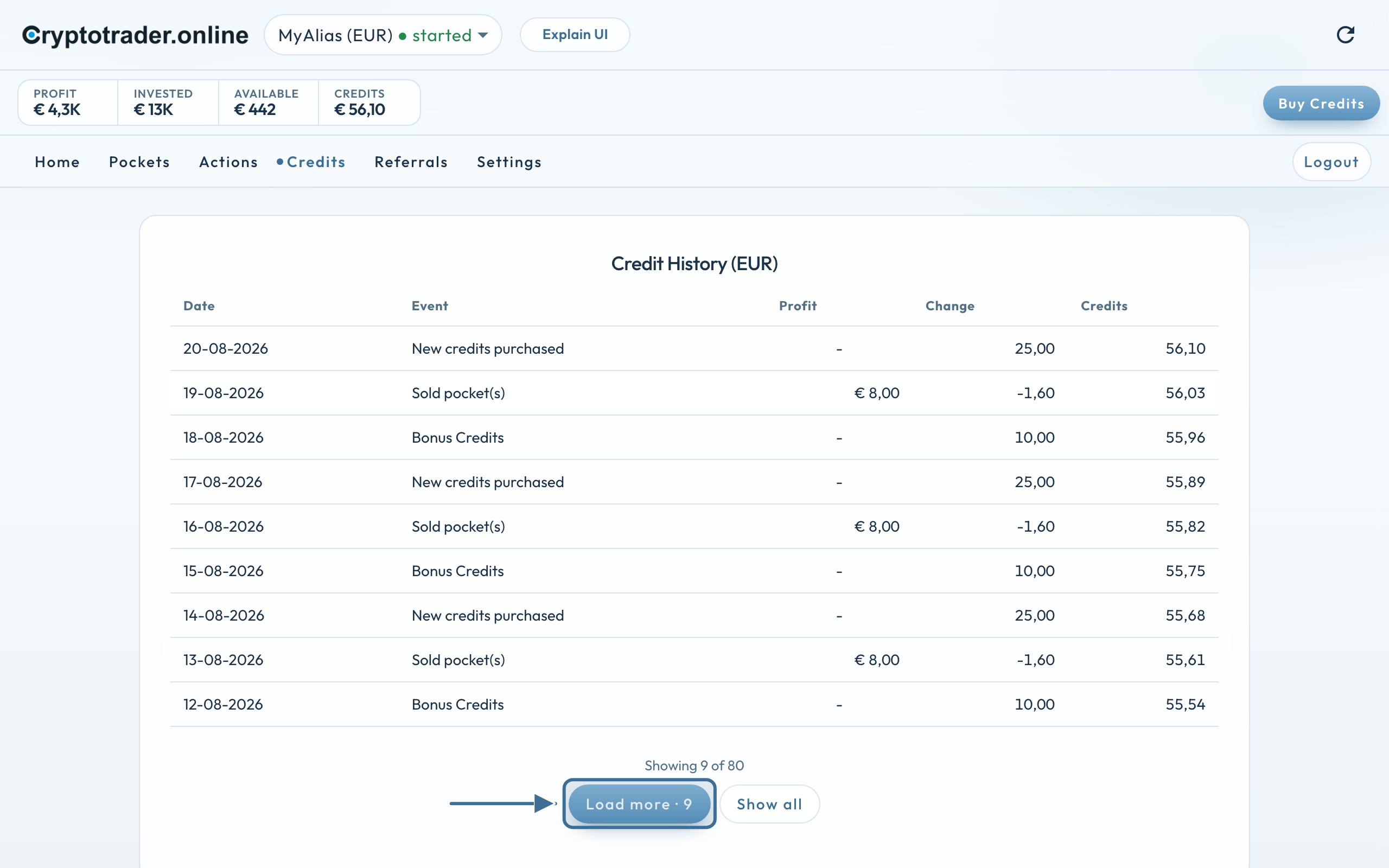 Credit History met Load more-knop