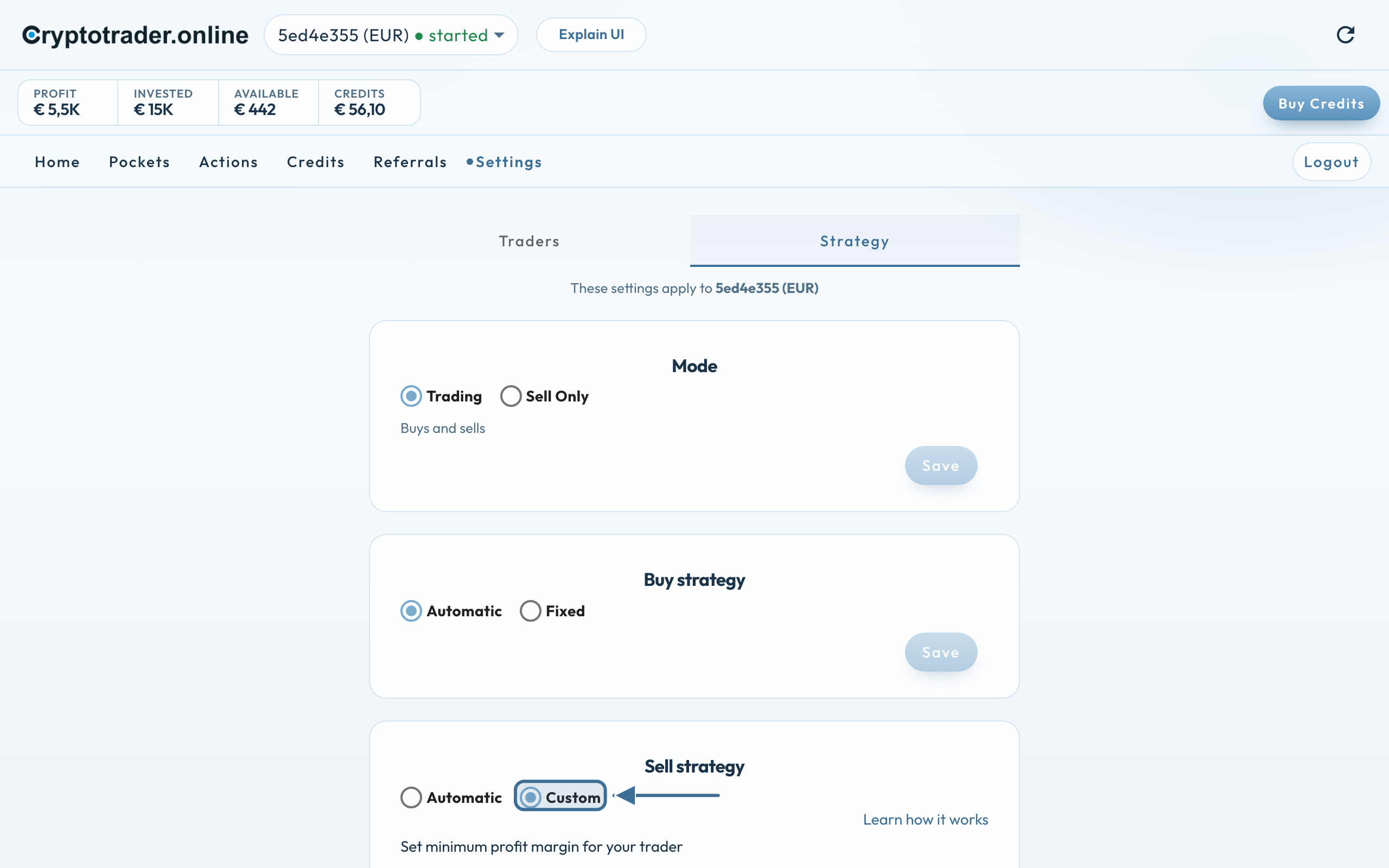 Settings → Strategy: Sell strategy Custom geselecteerd, euro-trader