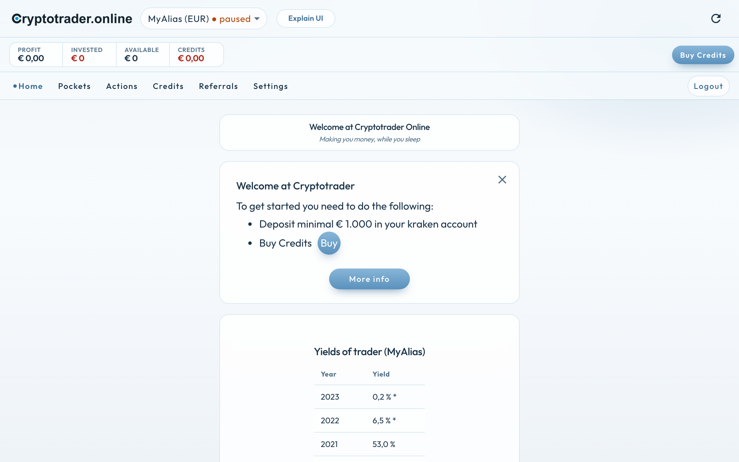 Hulpscherm Welcome at Cryptotrader: stort minimaal € 1.000 op Kraken en koop credits, euro-trader MyAlias