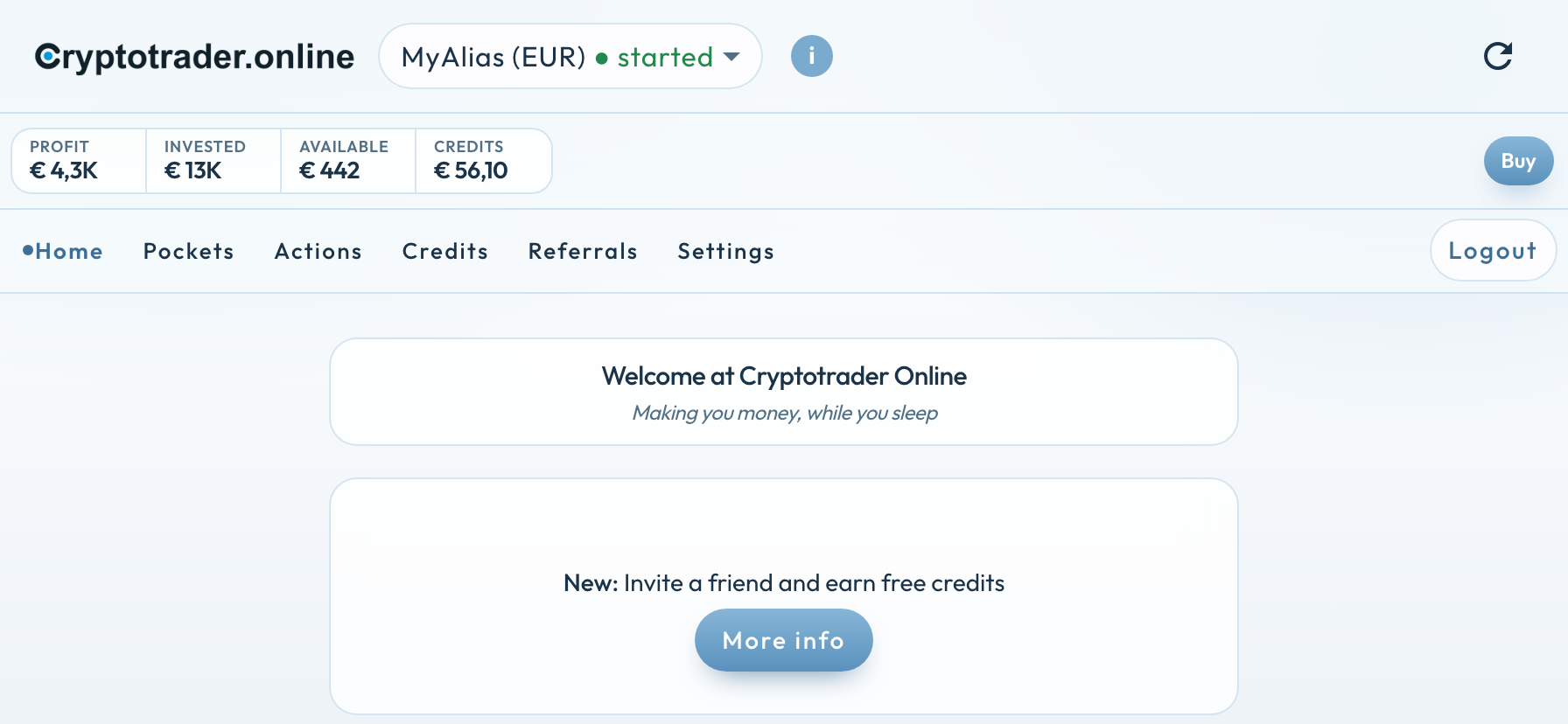 Home liggend: menu en topbalk voluit, euro-trader MyAlias