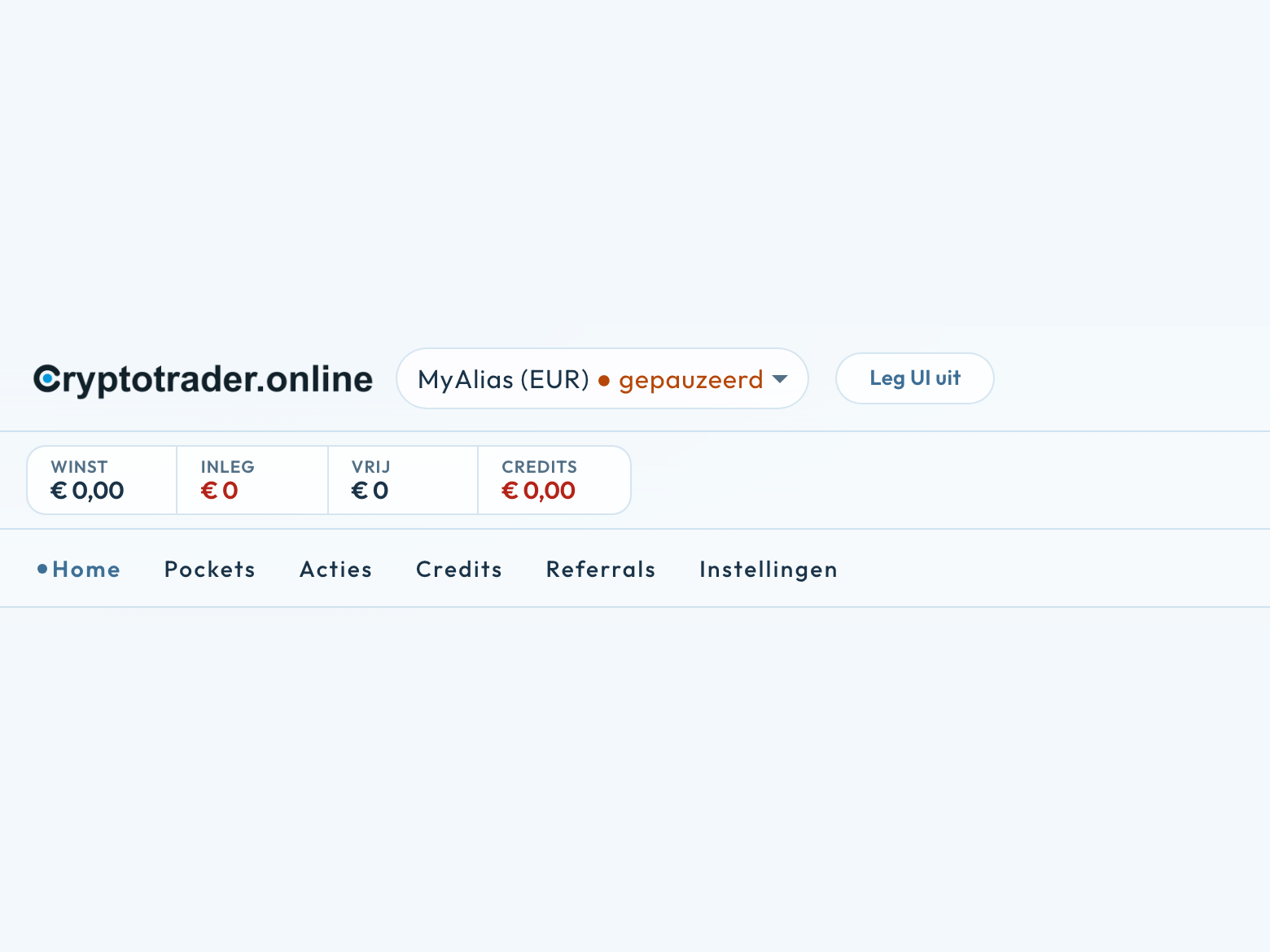 Home: trader gepauzeerd, credits €0,00