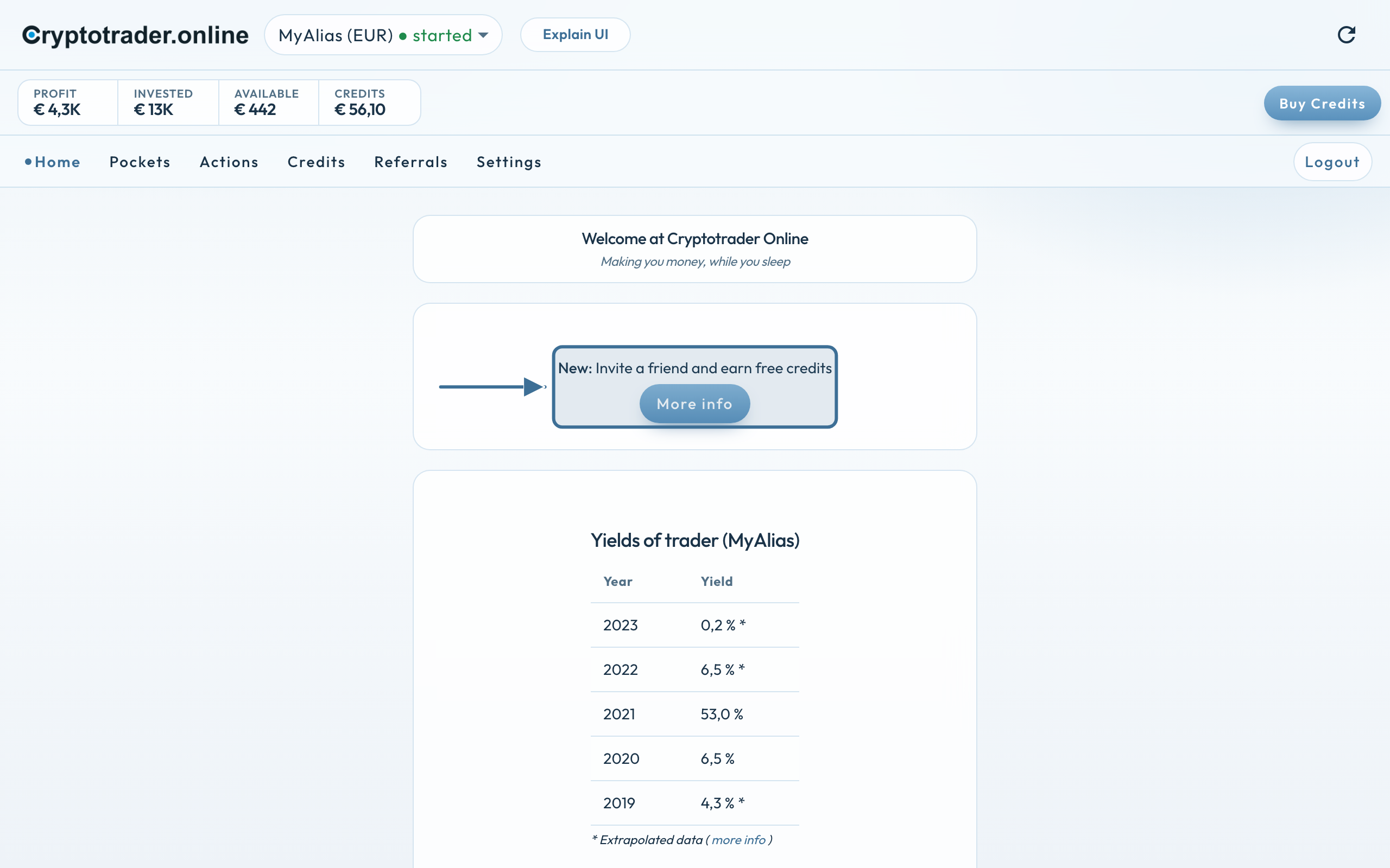 Home: Invite a friend and earn free credits, knop More info, trader MyAlias (EUR)