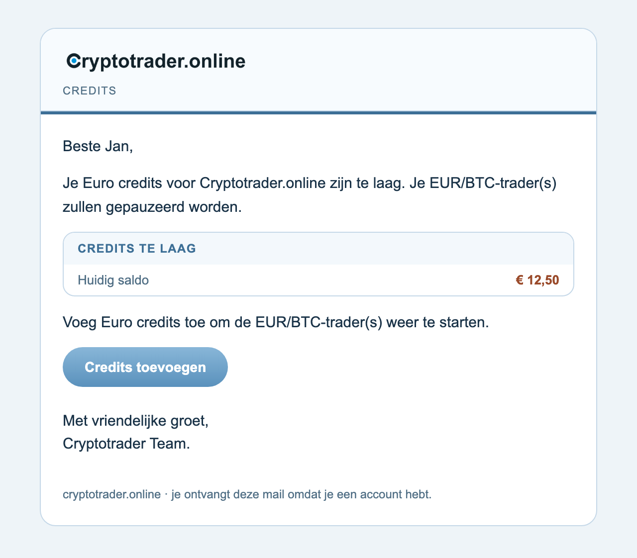 Mail credits te laag met knop Credits toevoegen