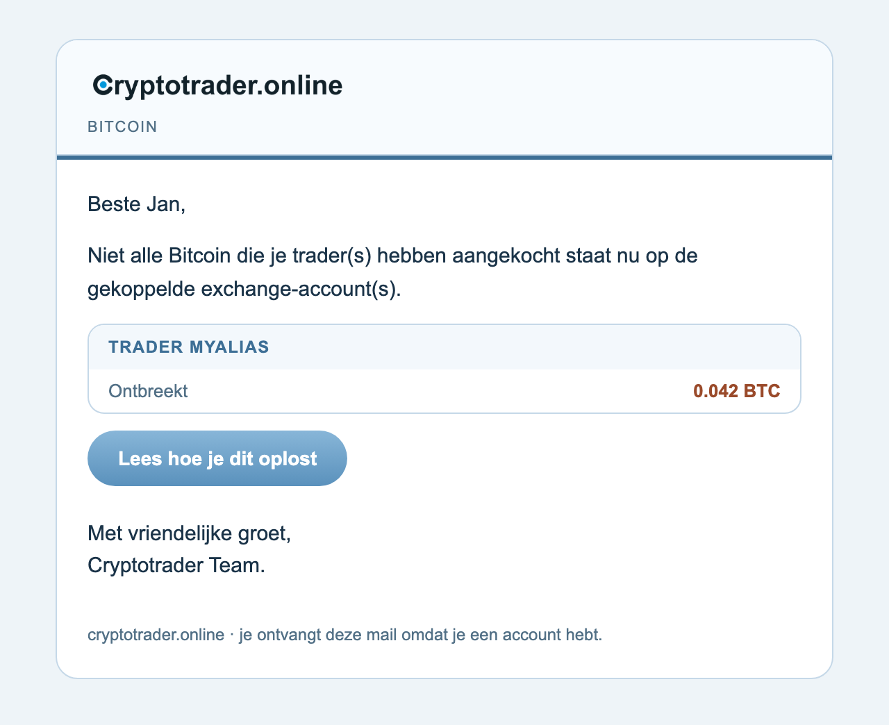 Mail ontbrekende bitcoin per trader