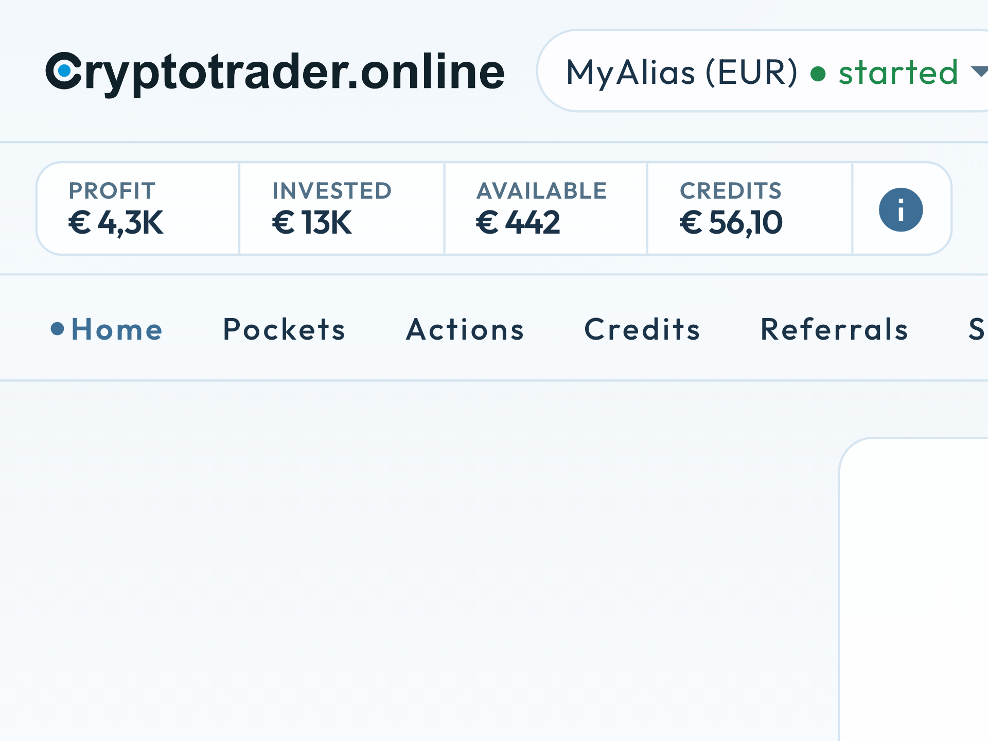 Nieuwe topbalk met Profit, Invested, Available en Credits