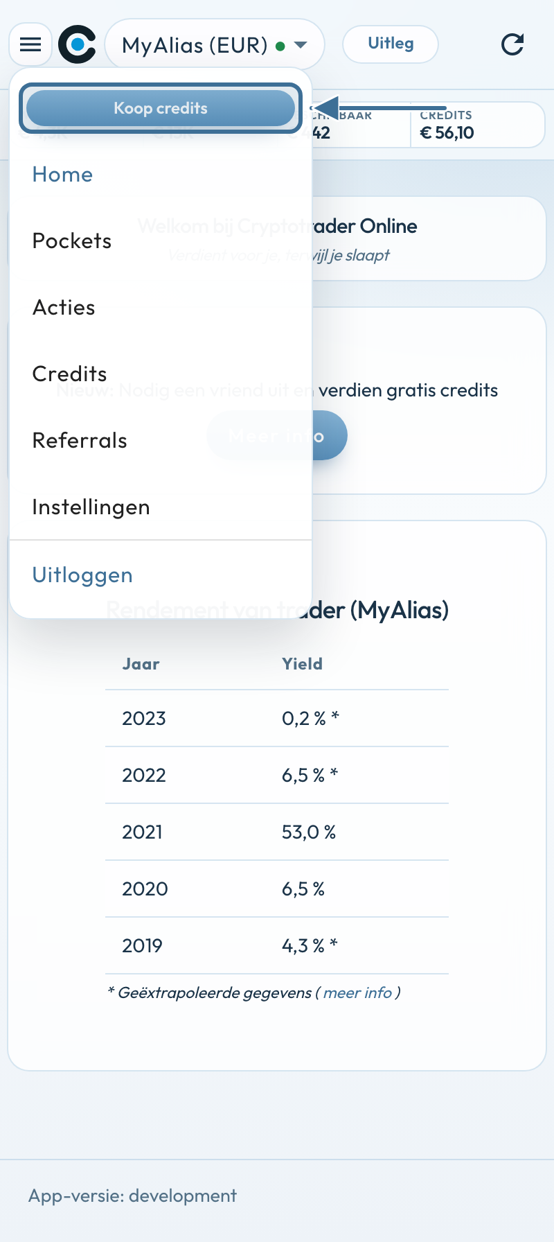 Telefoonmenu met Koop credits bovenaan en Uitloggen onderaan