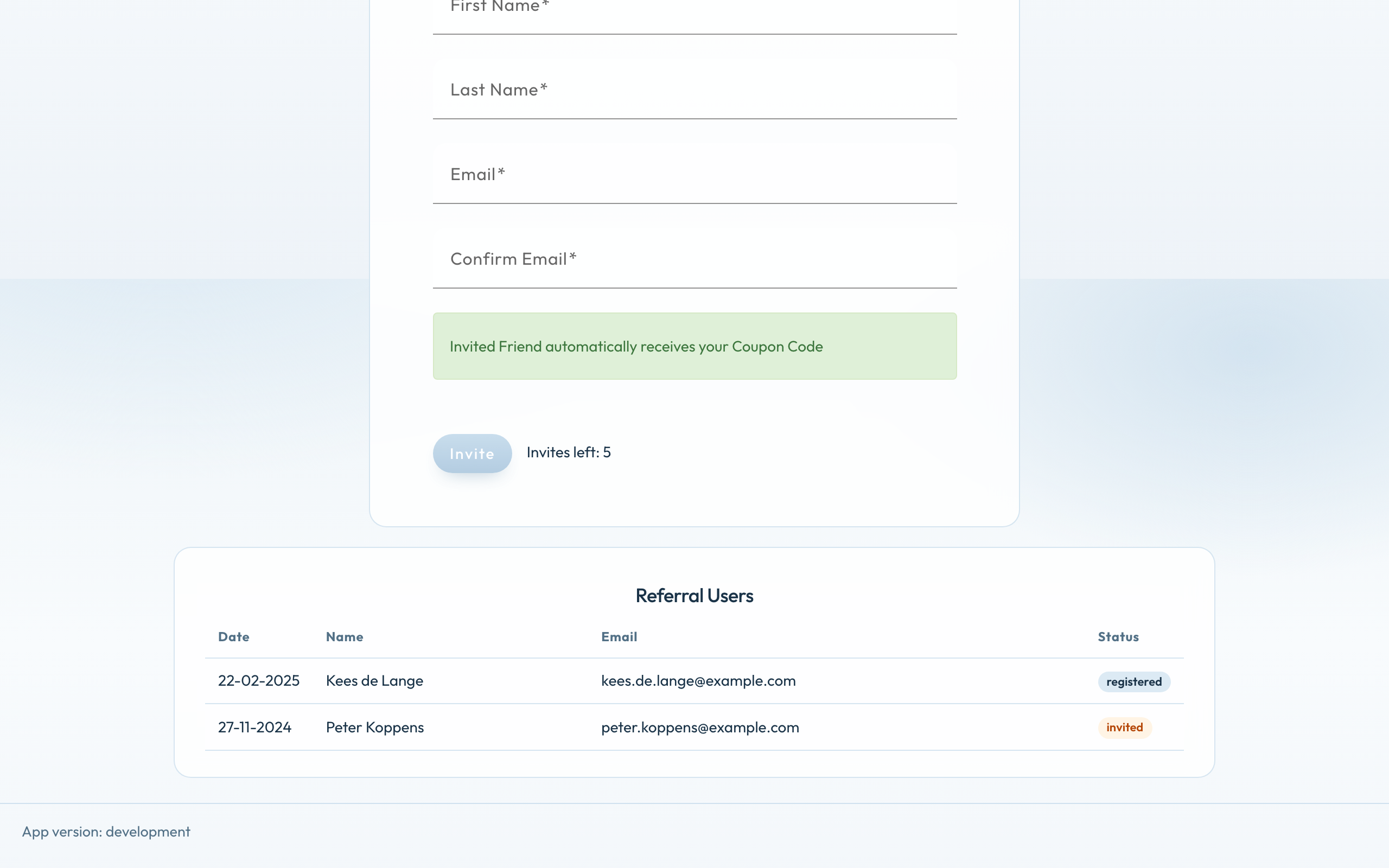 Lijst Referral Users met datum, naam, e-mail en status