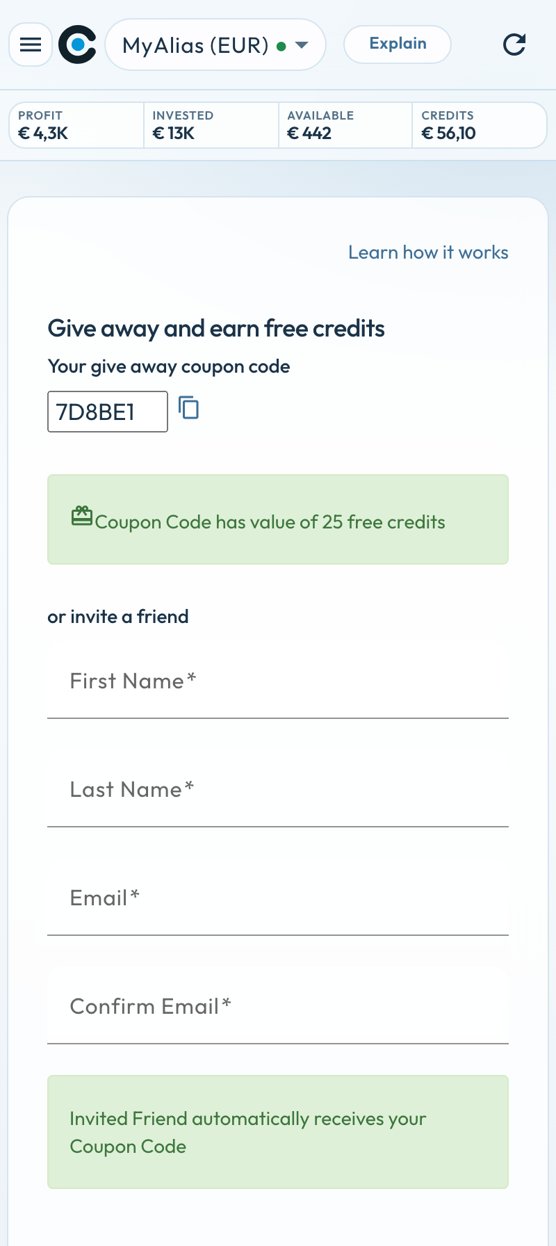Referral Users op de telefoon: couponcode en uitnodigingsformulier, MyAlias (EUR)