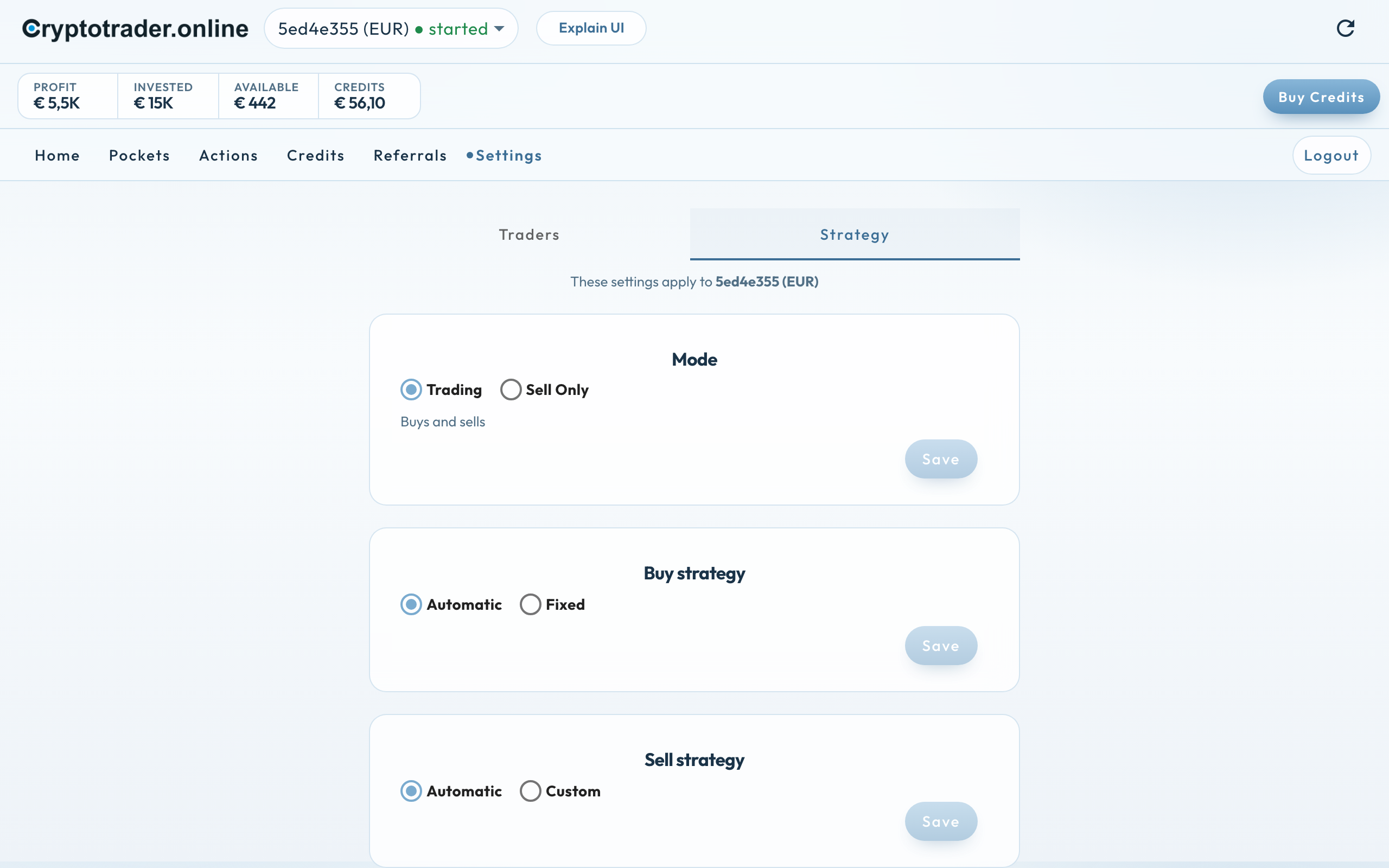 Settings → Strategy: Sell strategy Automatic geselecteerd