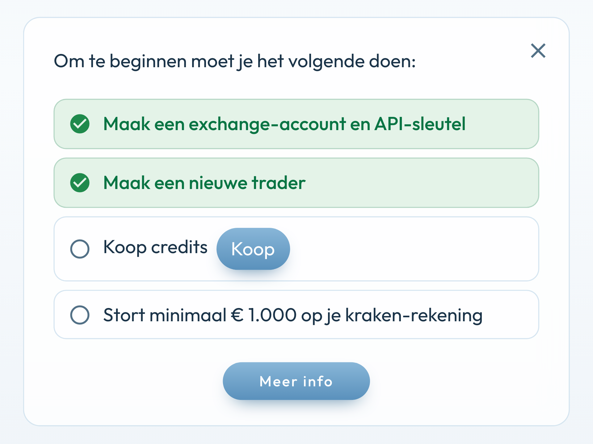 Setup-gids op Home: eerste twee stappen groen, credits en storting nog open