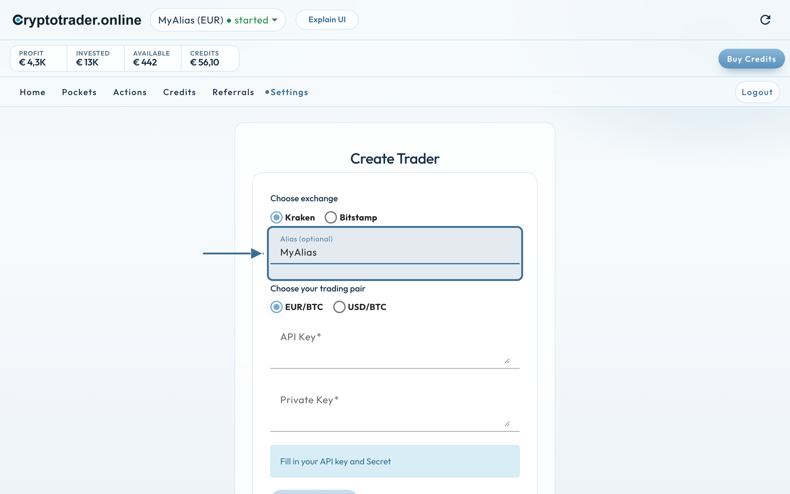 Create Trader: Alias (optional) ingevuld met MyAlias
