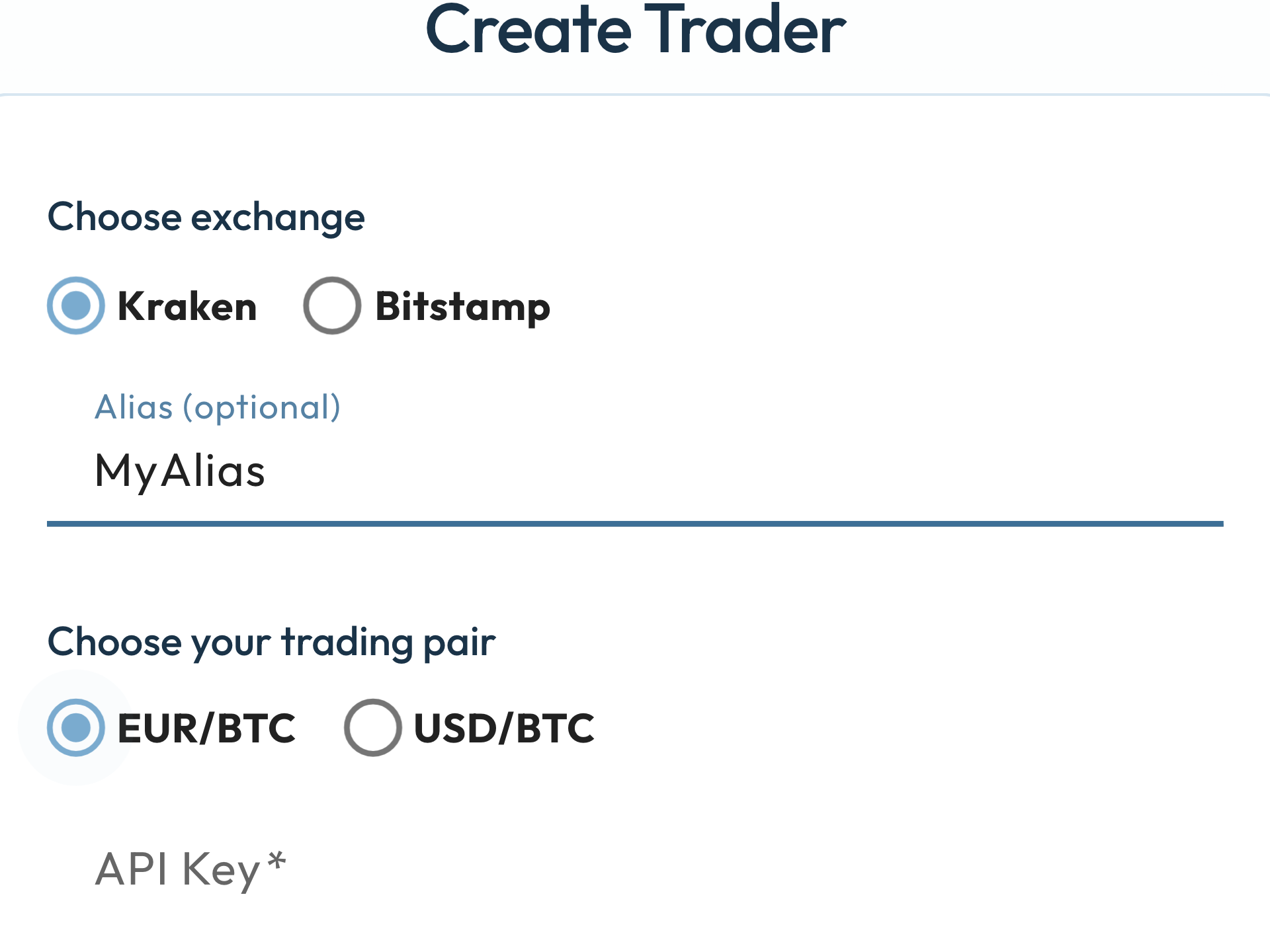 Create Trader met Alias (optional) ingevuld