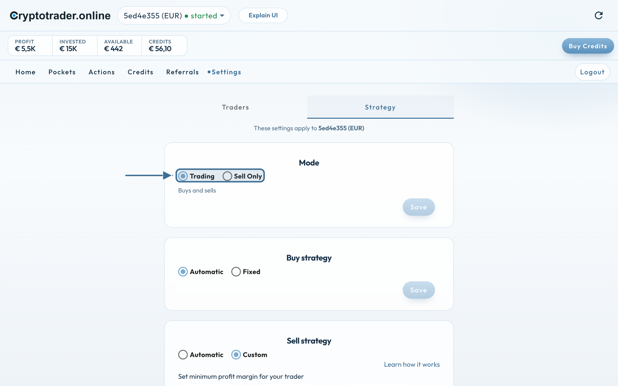 Strategy-tab: Trading geselecteerd, Buy strategy zichtbaar