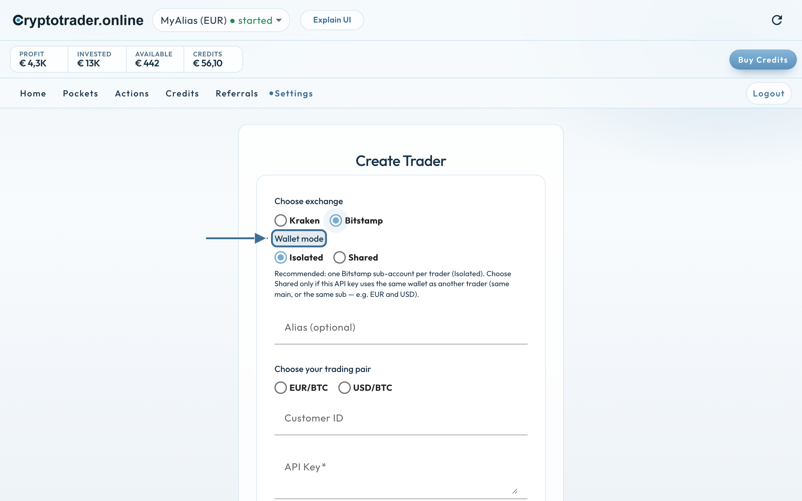 Create Trader: Bitstamp geselecteerd, Isolated of Shared