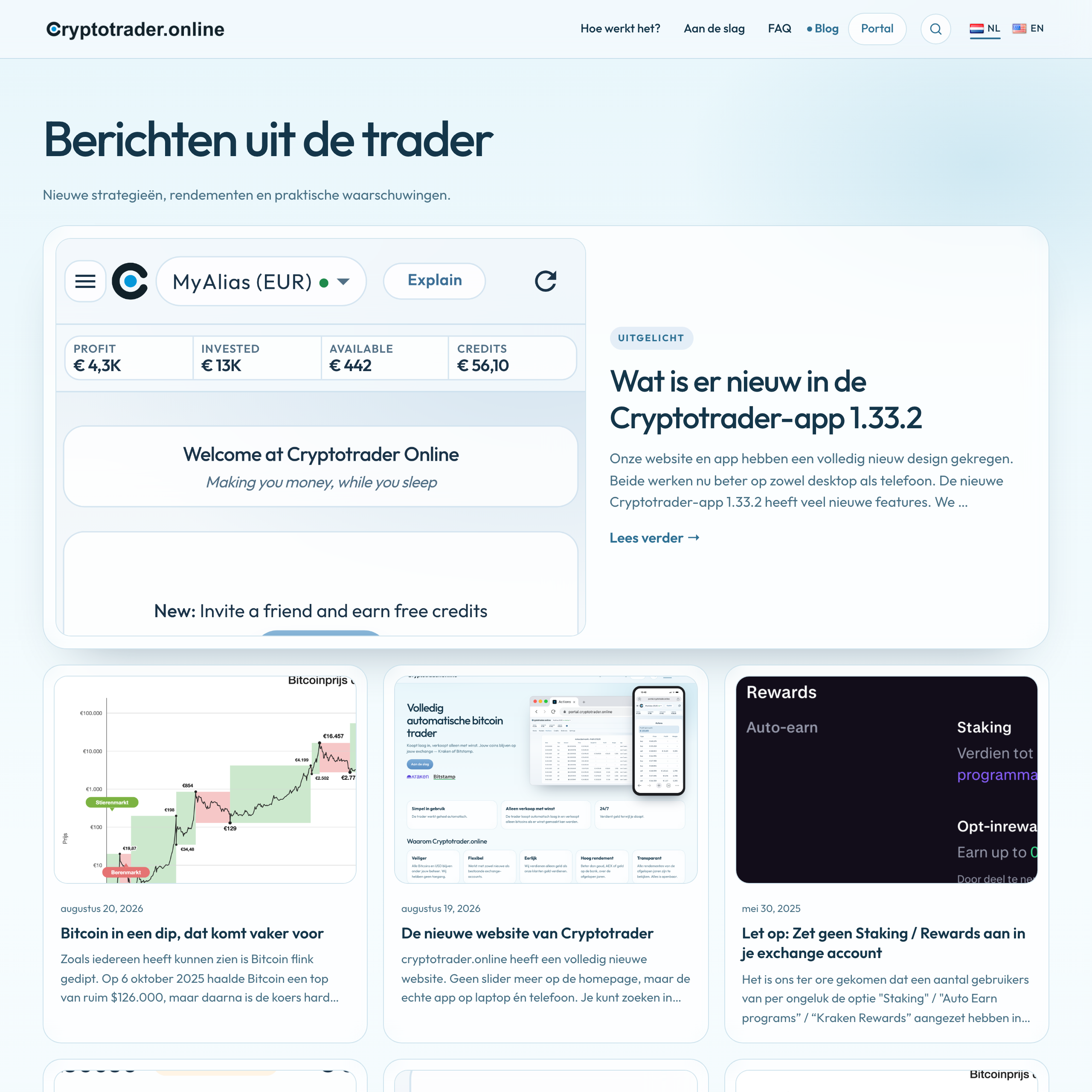 Blog met uitgelicht bericht over de nieuwe app en daaronder kleinere kaarten