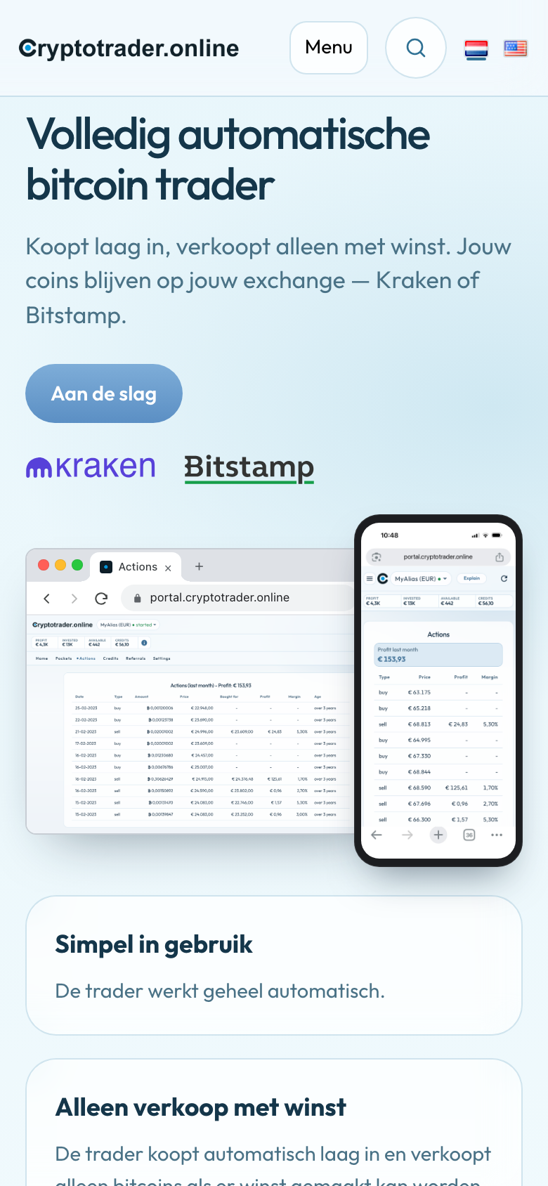 Homepage op de telefoon: titel, Aan de slag, Kraken en Bitstamp, daarna laptop en iPhone