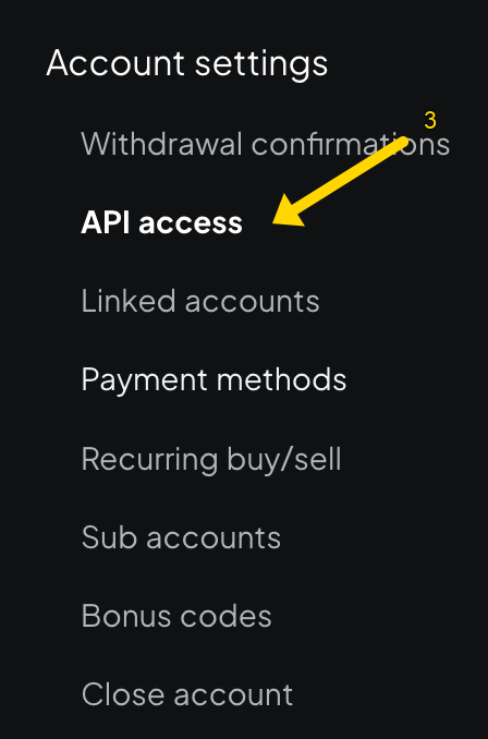 Account settings: API access selected
